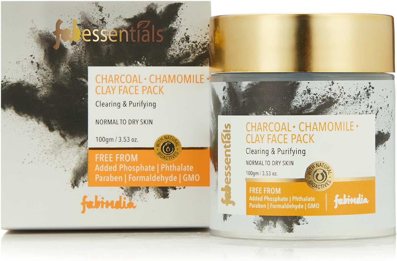 Charcoal Chamomile Clay Face Pack -100gm | Fairness Facial Mask | with Kaolin & Menthol | Deeply Cleanses | Face Mask For Glowing Skin | Effective in Clearing Clogged pores | Absorbs Excess Oil - 100 gm
