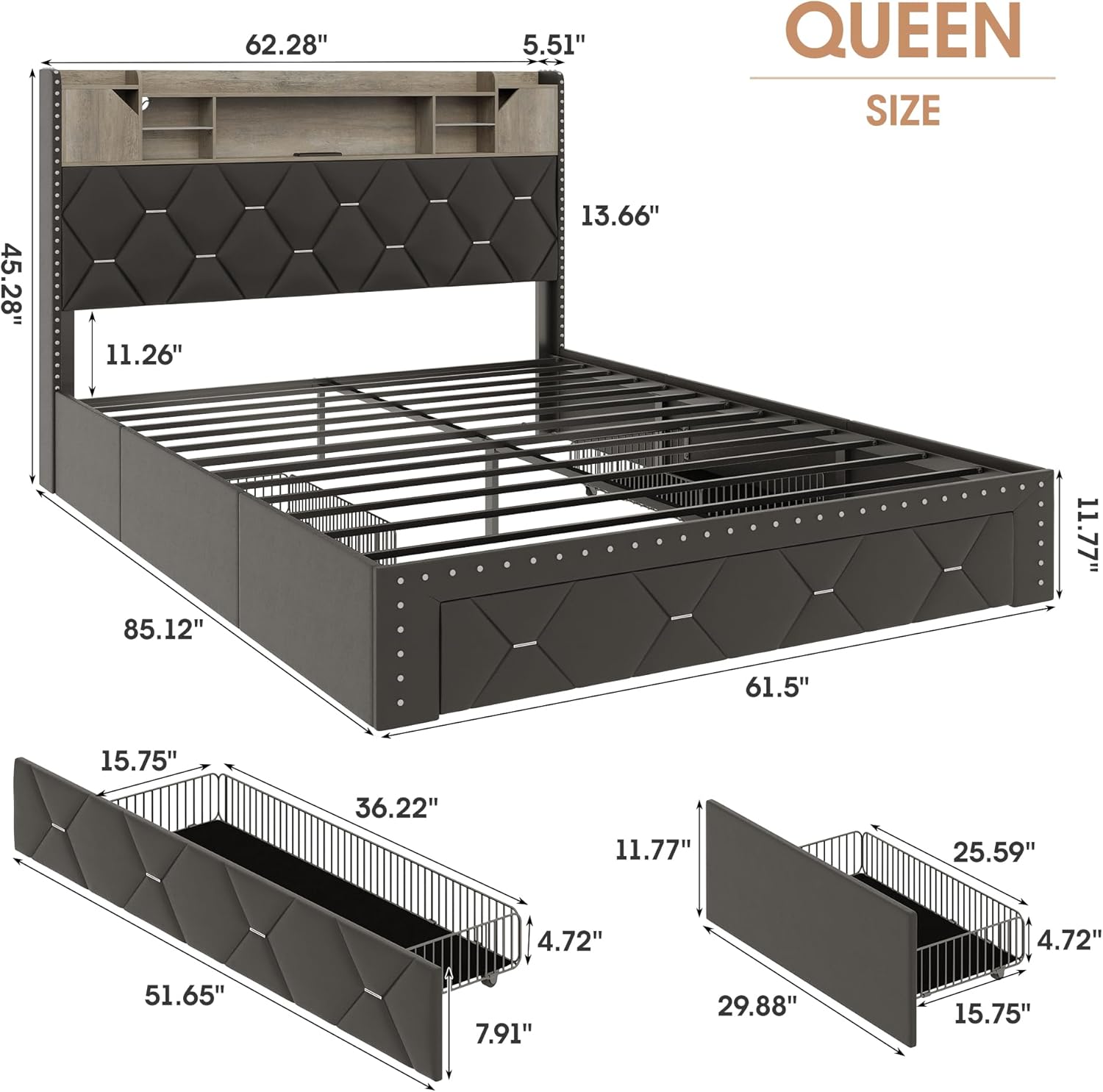 Maupvit Black Queen Bed Frame with LED Lights and Storage Drawers, PU Upholstered Platform Bed Frame with LED Lights and Charging Station, 3-Tier Shelves, Rivet Trim, No Box Spring Needed, Noise Free