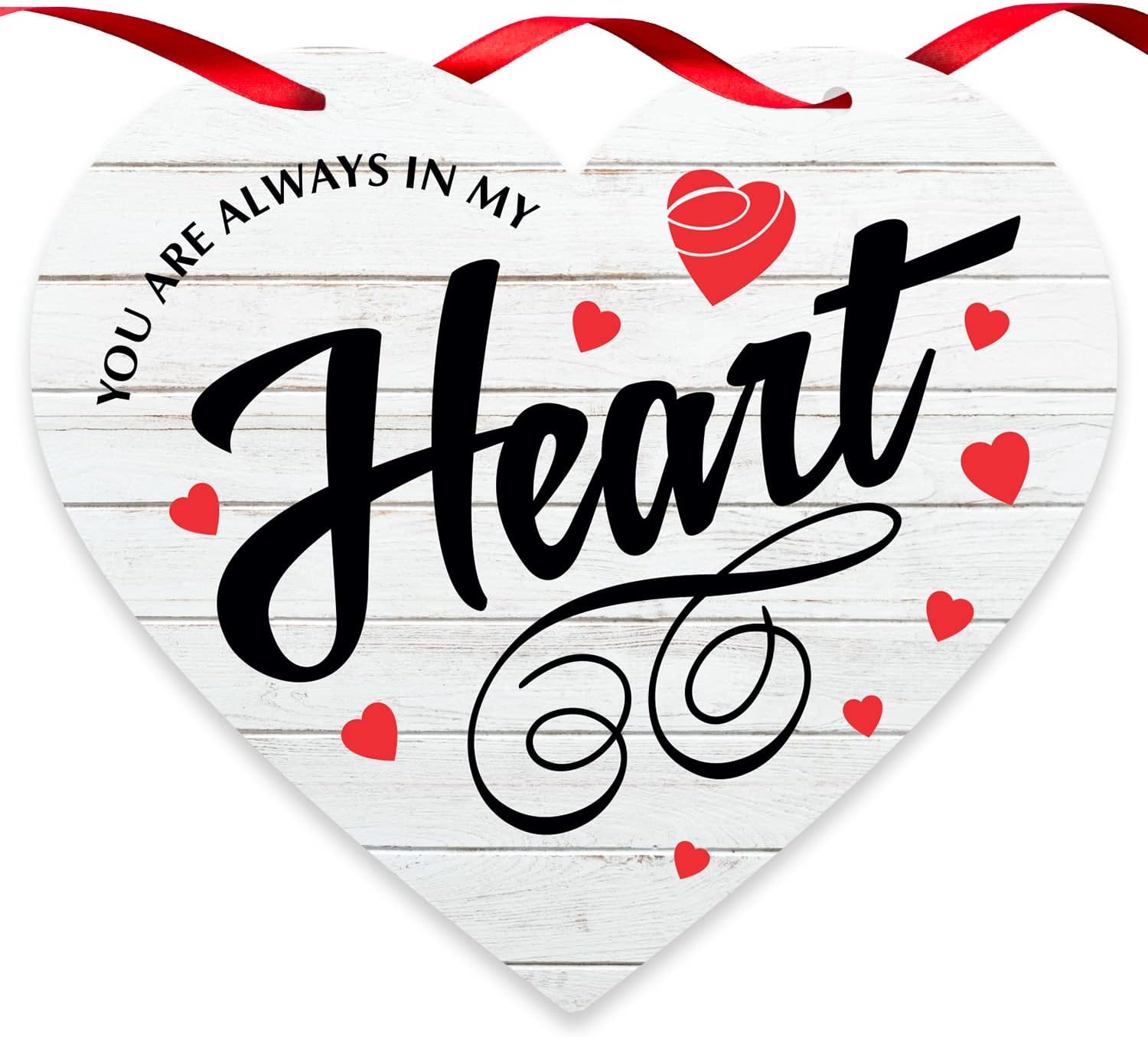 Valentines Day Decoration You are Always in My Heart Red Hearts White Wood Background, 12 Inch Aluminum Heart Shaped Door Sign with Red Satin Ribbon by Soul Décor