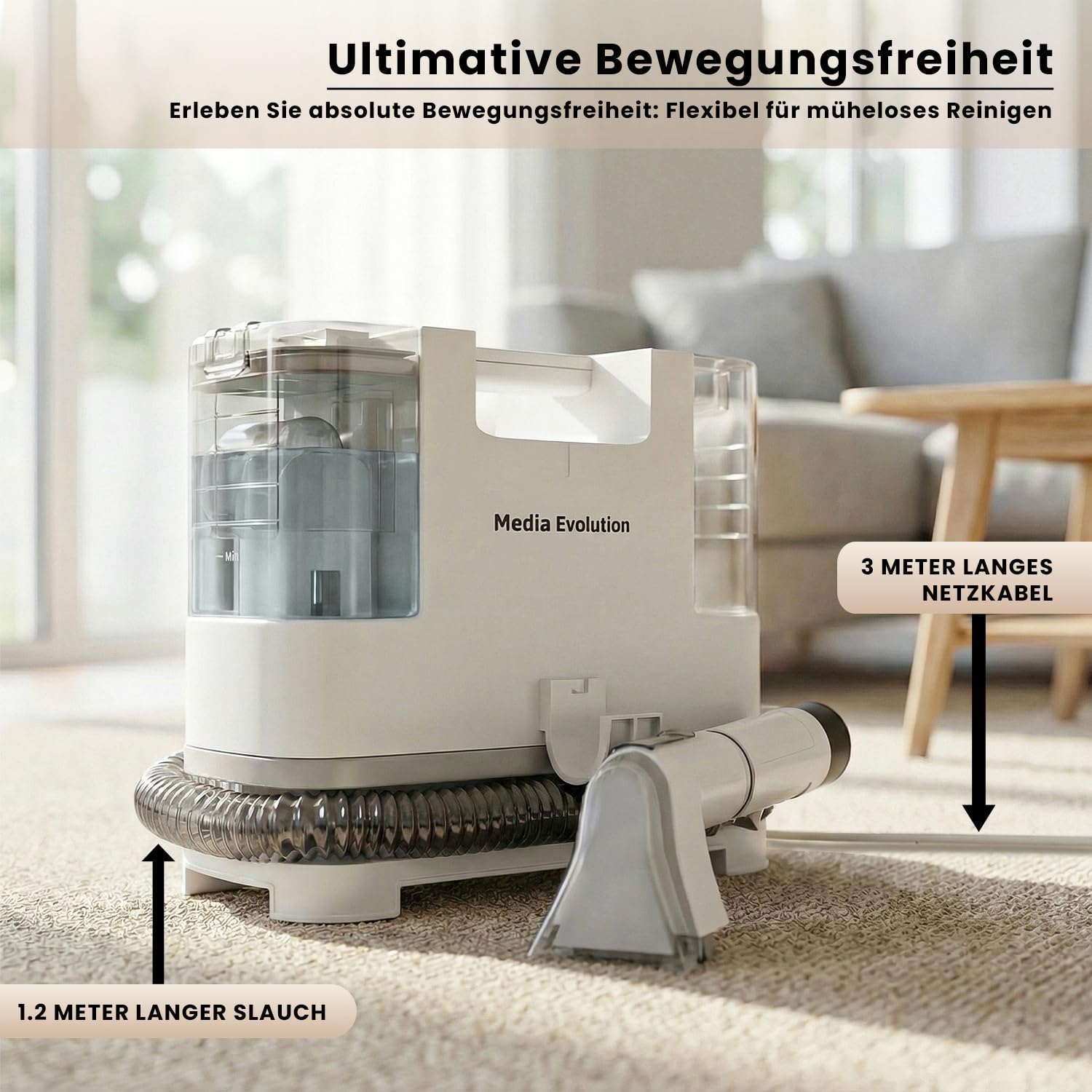 Media Evolution Polsterreiniger Gerät und Nassauger - Kompakter Teppichreiniger und Fleckenreiniger - Tragbarer Waschsauger für Teppich, Sofa, Polster, Autositze und Möbel - Extra Bürste