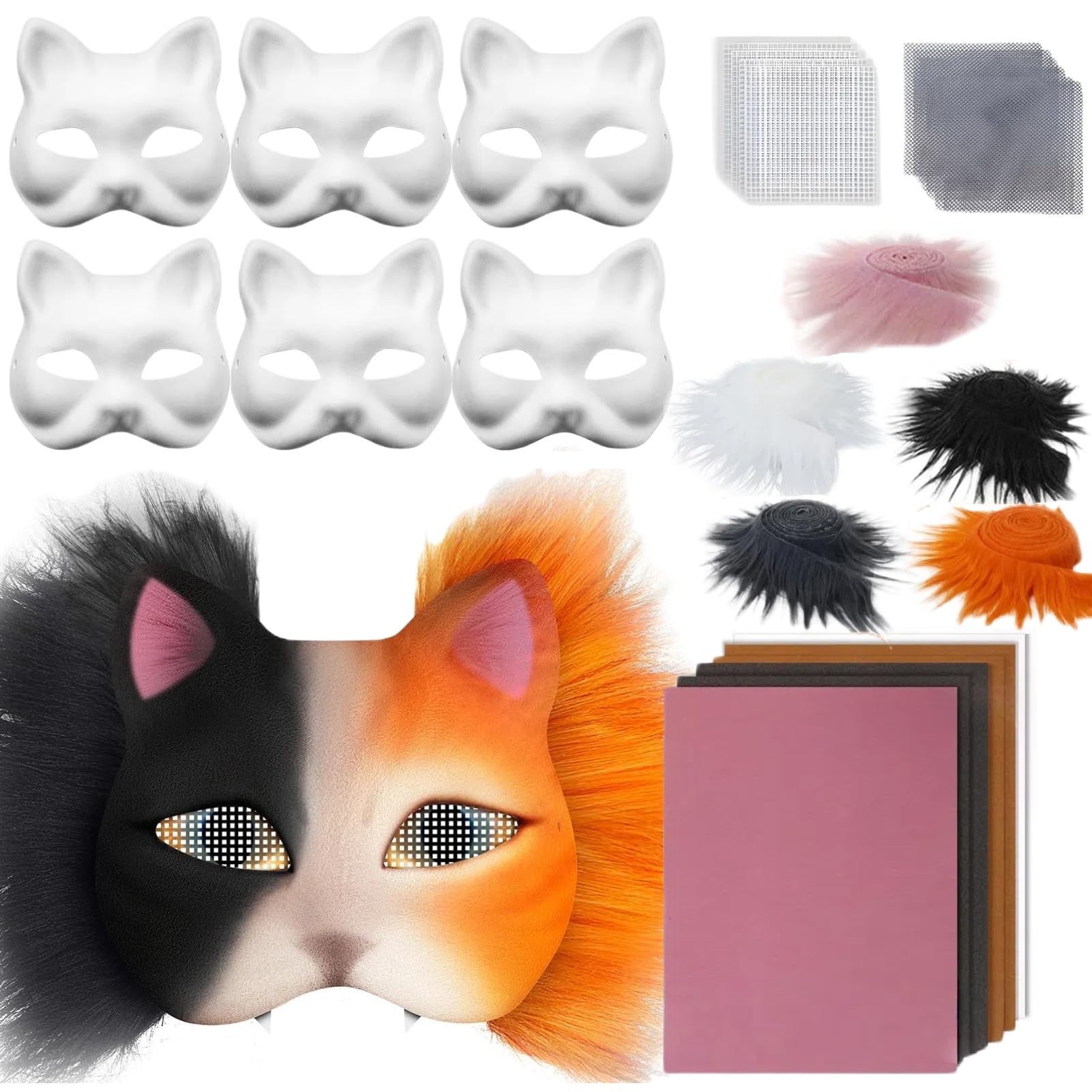 Therian Mask DIY Set 6 Maschere Therian di carta fai da te con pelliccia sintetica, rete per gli occhi e panno in feltro, mascherine vuote per il fai da te per Halloween, maschera, cosplay