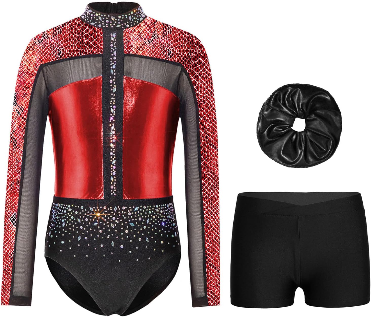 Shiny Metallic Gymnastics Leotards for Girls Sparkly Rhinestone Dance Biketards with Shorts Ballet Outfit