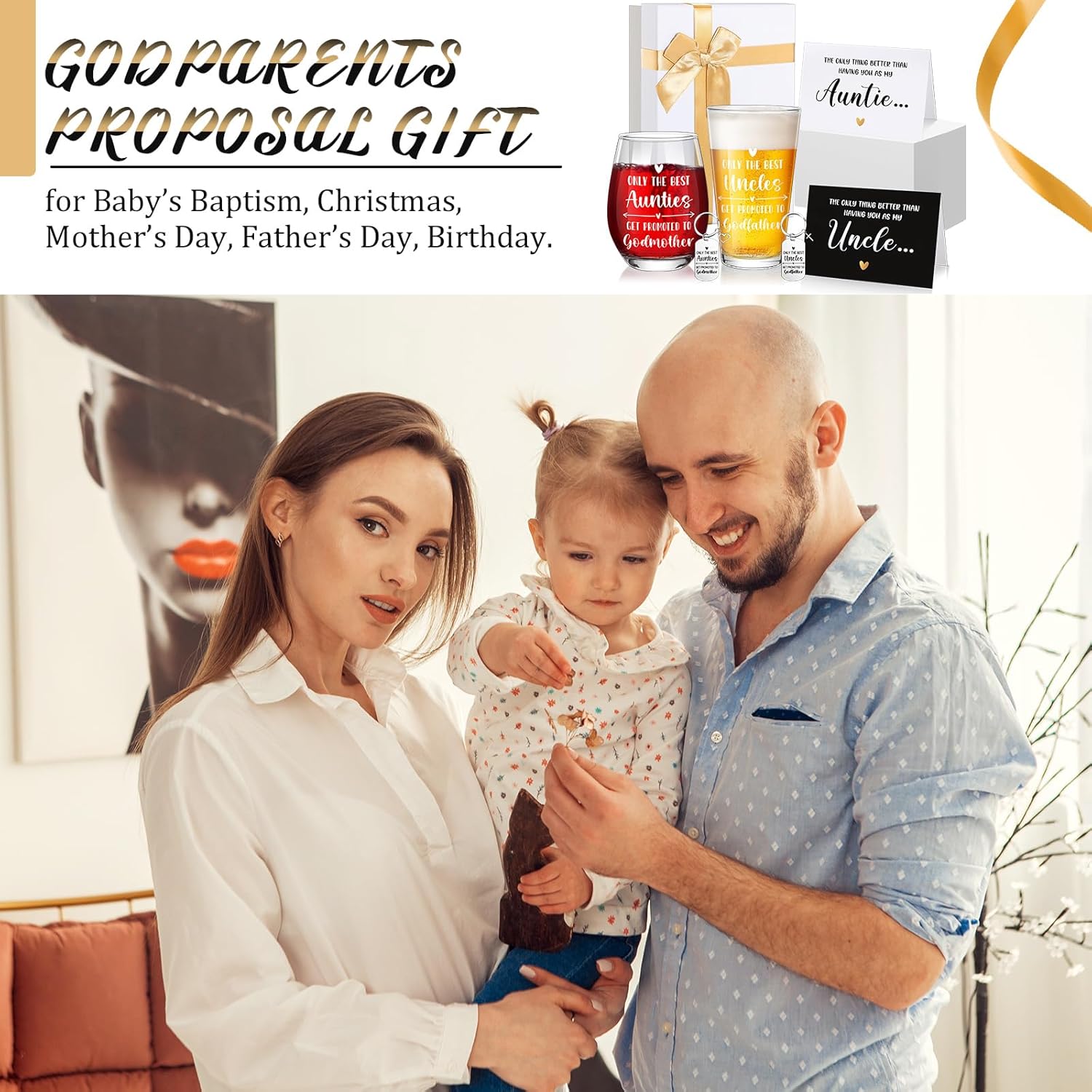 Qinyoung 7 Pcs Godparents Proposal Gift Will You Be My Godmother Godfather Padrino Madrina with Glass Cup Keychains Cards Box from Godchild for Baptism Birthday Gift(Auntie Beer Cup) - Image 3