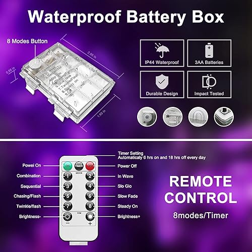 Vista 71 de JMEXSUSS 100 luces LED de Navidad, funciona con pilas, luces impermeables para exteriores, 33 pies, 8 modos, funciona con pilas, con control remoto