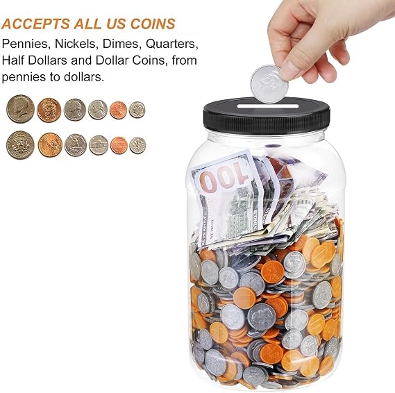 Yamahiko Large Clear Coin Bank Jar with Slotted Lid, One Gallon Plastic Money Tip Change Savings Jar for Coin or Raffle Ticket, Big Clear Money Tip Piggy Change Bank Box for Adults Teens