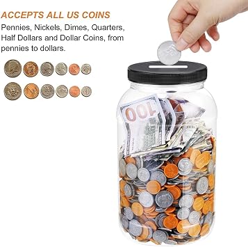 Yamahiko Large Clear Coin Bank Jar with Slotted Lid, One Gallon Plastic Money Tip Change Savings Jar for Coin or Raffle Ticket, Big Clear Money Tip Piggy Change Bank Box for Adults Teens