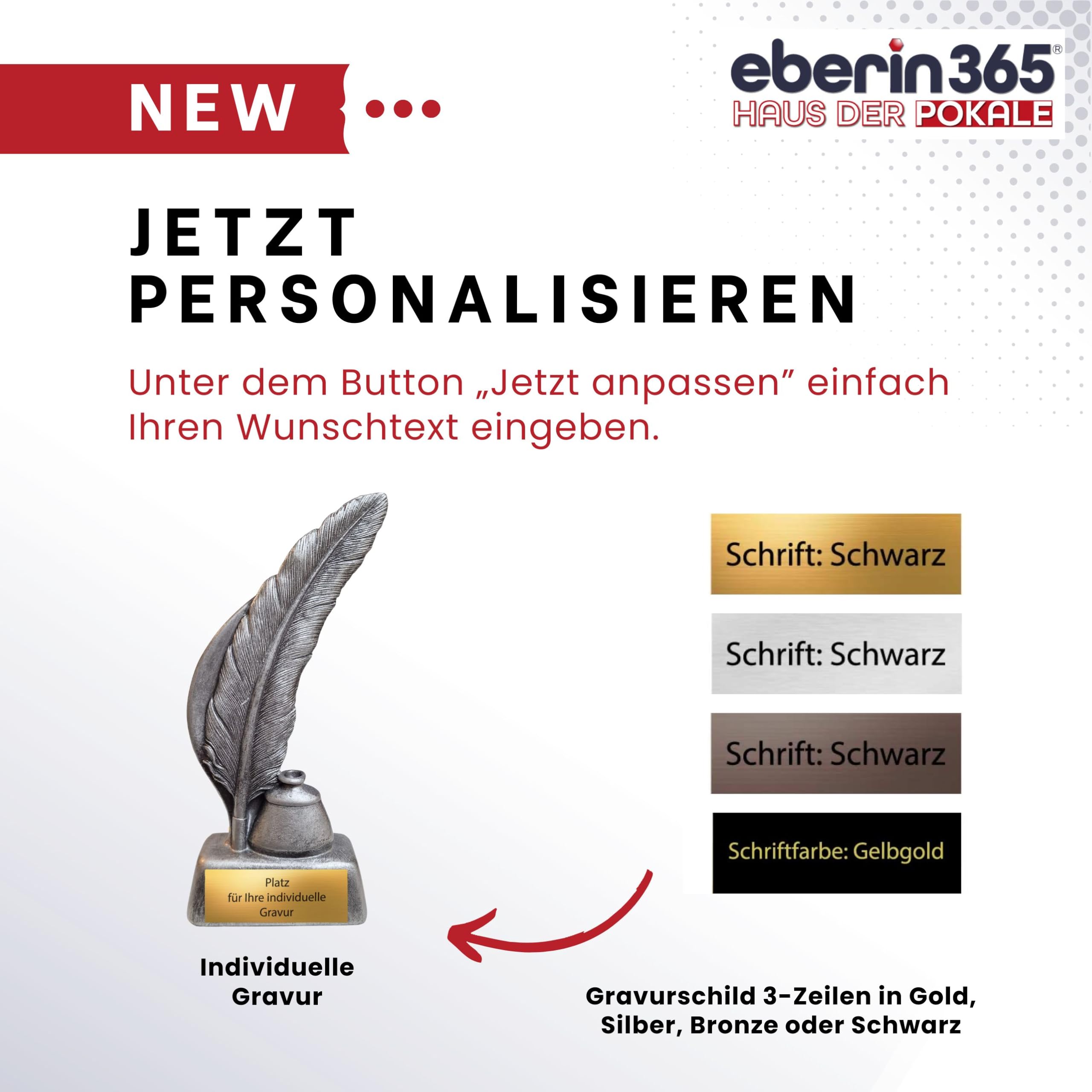 Schreibfeder Pokal aus Resin 20 cm hoch – stilvolle Resinfigur mit Gravurschild – Award für Autoren Absolventen Lehrer & Bildung – perfekt für Schulabschluss Meisterprüfung & Ehrungen
