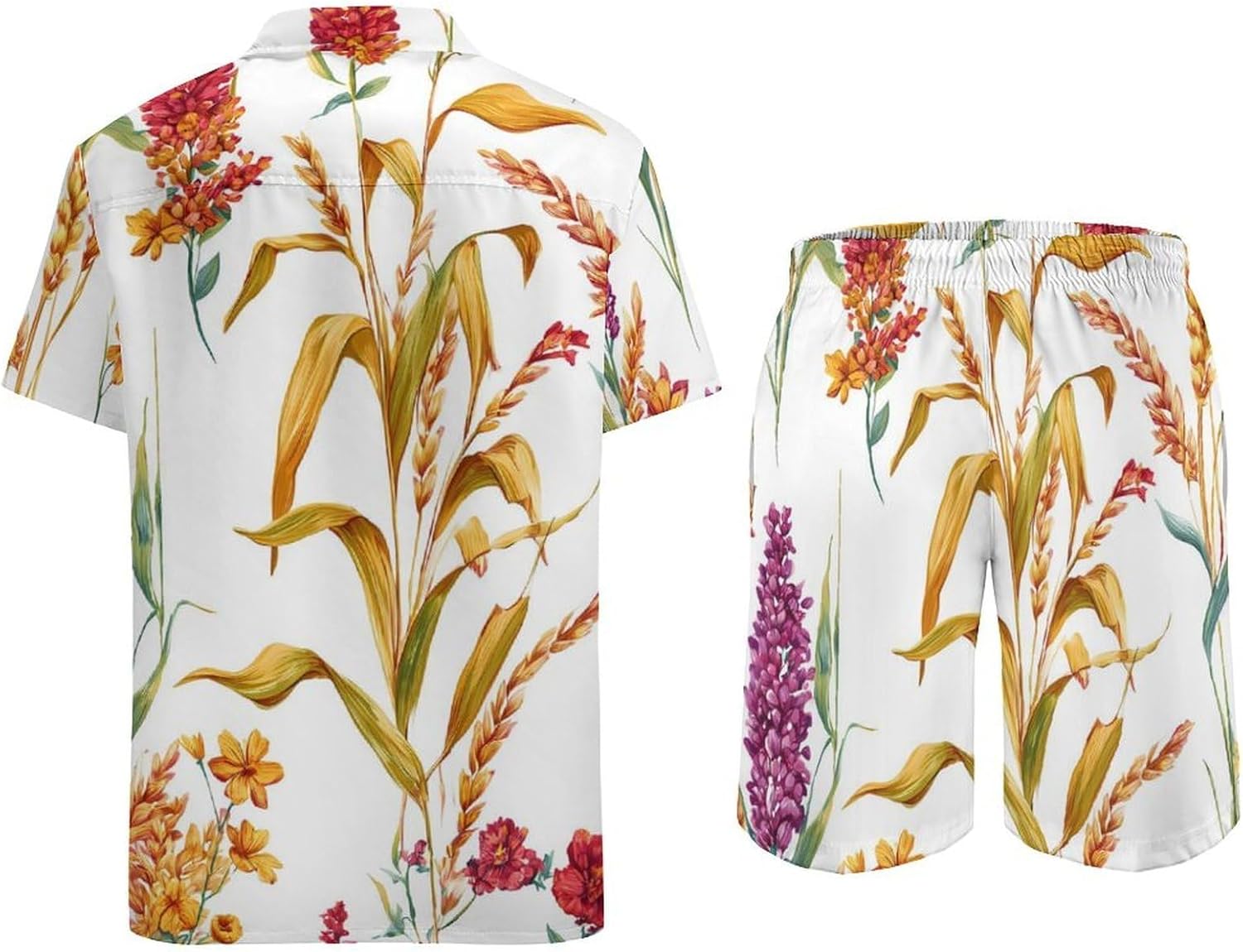 Wheat Sorghum Plants Men's Summer Beach 2 Piece Outfits | hawaiian button down shirt and shorts,vacation cruise,mens bathing suit
