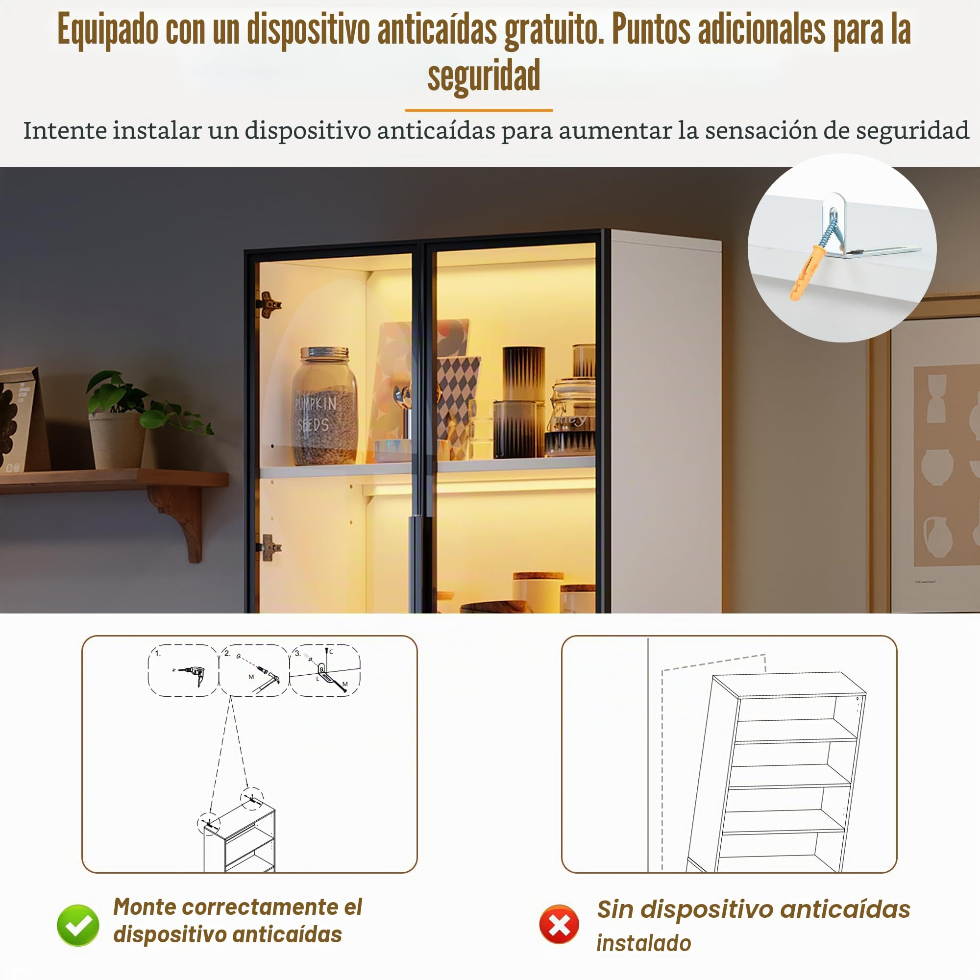 Vitrina de cristal con puertas de cristal con LED, armario alto, vitrina de pie, elegante aparador con puertas dobles, estantería de cristal y soporte para vino, 80 x 35 x 200 cm