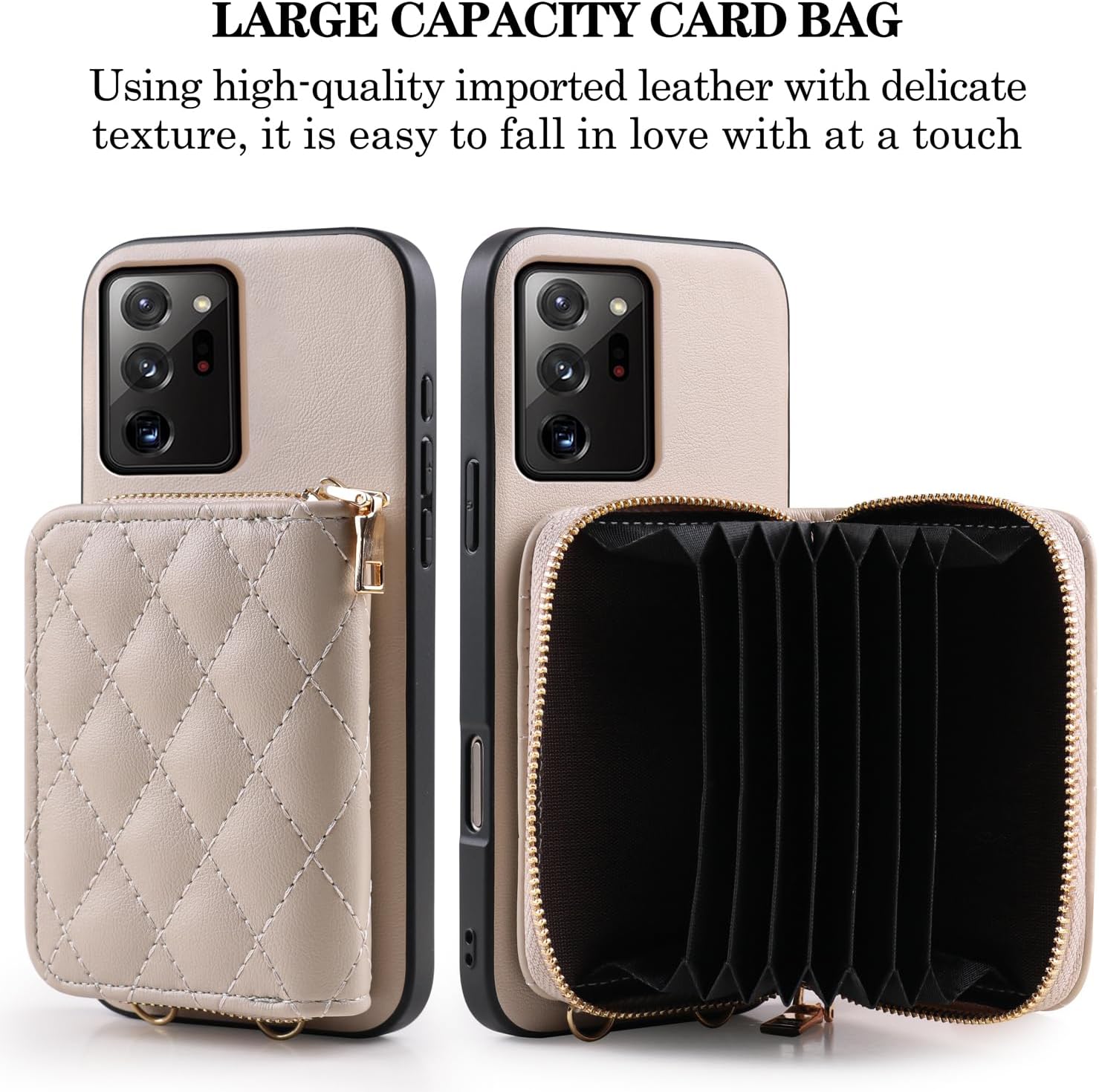 Wallet Cover for Samsung Galaxy Note 20 Ultra 5G & Screen Protector Shoulder Strap, Zipper Organ Card Holder Stand Phone Case for Note20 Plus Notes 20Ultra Note20+ U + 20+ Twenty Not S20 Khaki
