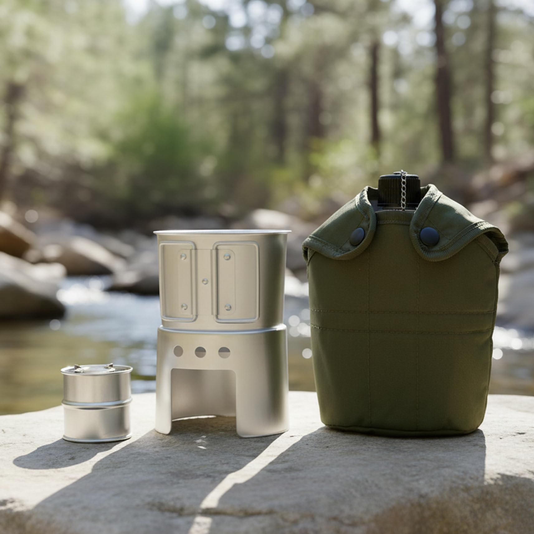 Kit de cantimplora, cantimplora de Metal de Aluminio de 850 ml con Taza y Estufa, Juego Completo de cantimploras Militares para Acampar, Hacer Senderismo y Aventuras al Aire Libre