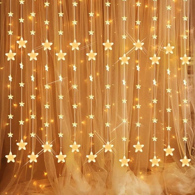 Star Curtain Lights 144 LED Window String Lights 8 Flashing Modes with Remote Timer, IP65 Waterproof Indoor,Outdoor, Decoration for Christmas, Wedding, Party, Home, Patio 24V