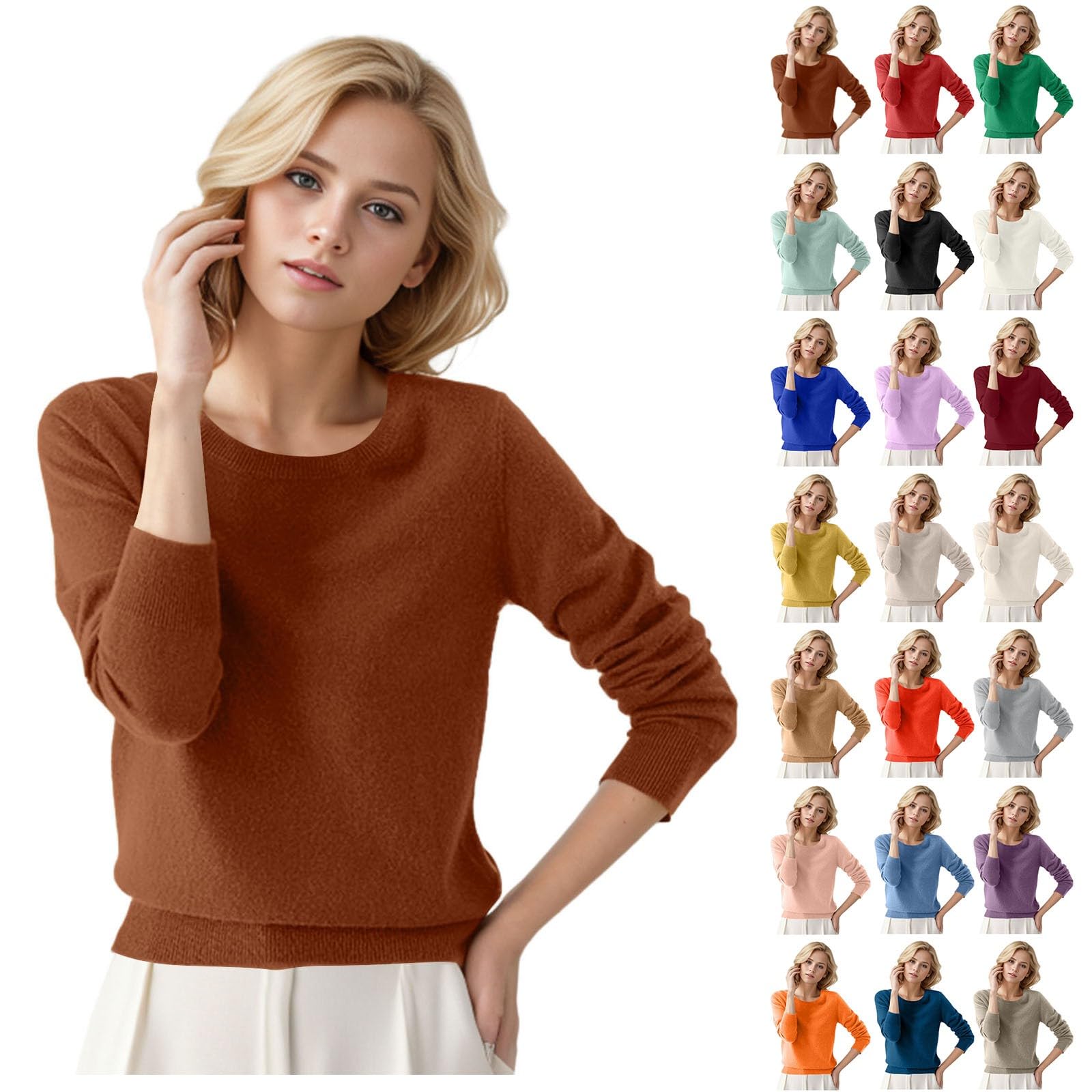 Pull Femme En Cachemire – Col Rond, Manches Longues, Léger Et Chaud Pour L’automne-hiver