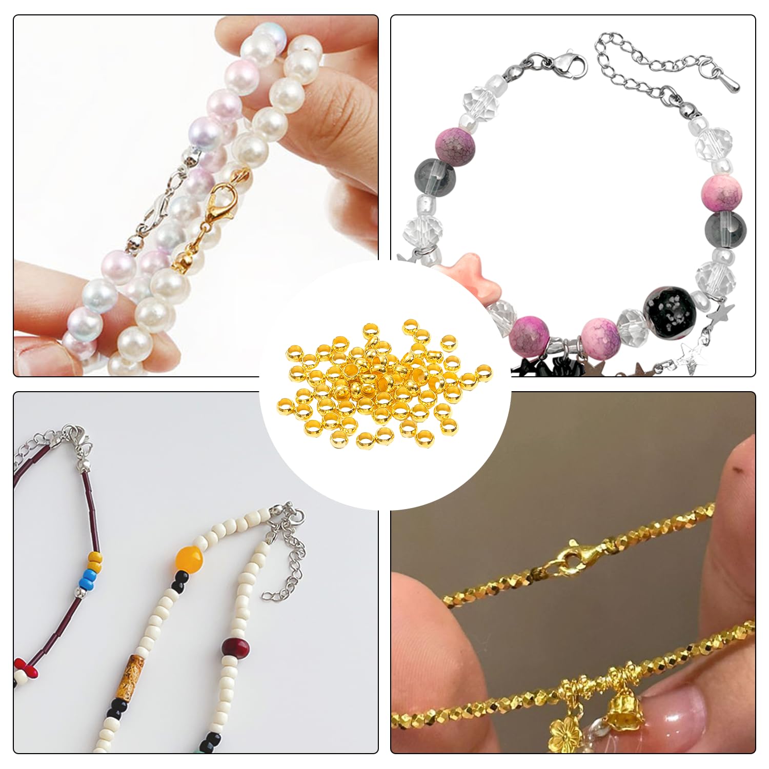 1400 stuks knijpkralen 2 mm, 4 mm, goud en zilver, voor het maken van sieraden, armbanden, enkelbanden, halskettingen