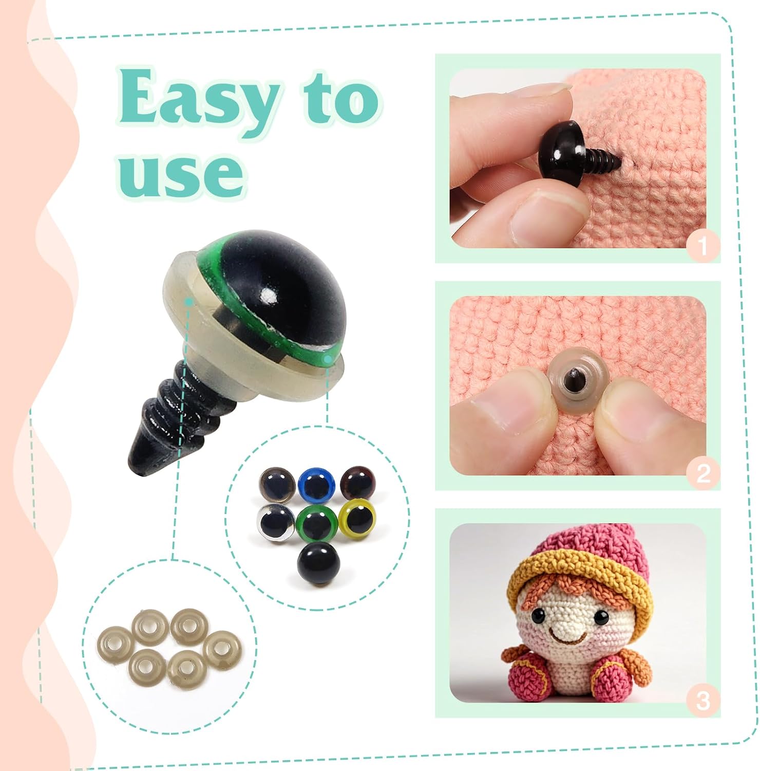TOAOB 140pcs 8mm Colorful Plastic Safety Eyes Craft Eyes with Washers for Stuffed Animals Amigurumis Crochet Bears Dolls Making