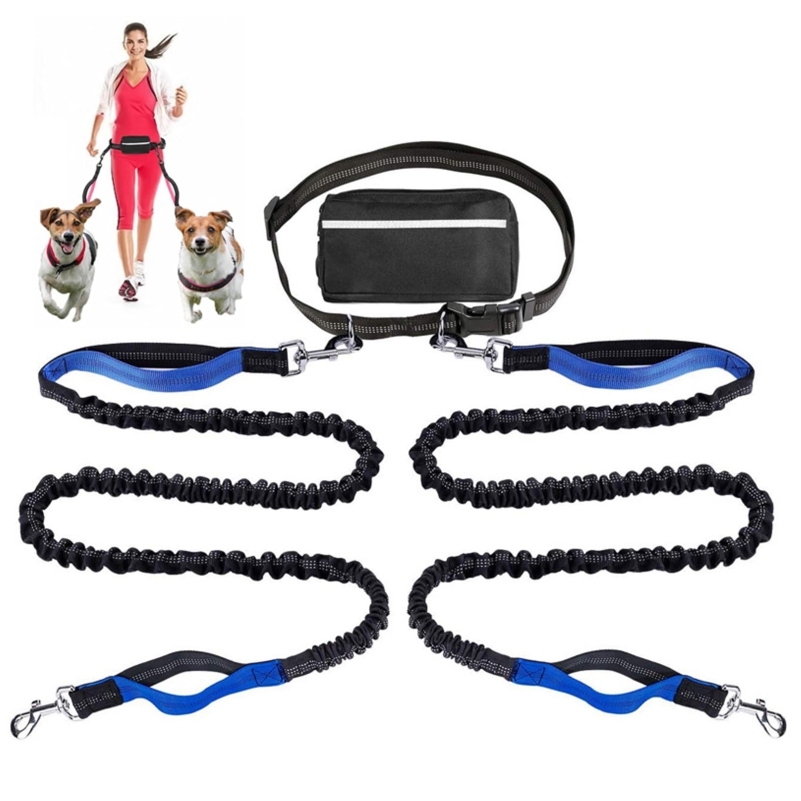 Laisse rétractable mains libres pour chien avec ceinture réglable, idéale pour la course à pied, la marche, la randonnée, le jogging et le vélo Bleu