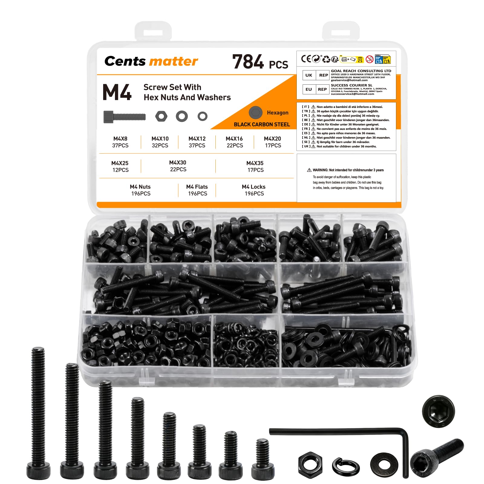 784 Pcs M4 Screws Set, Assorted Nuts and Bolts Set, Hex Socket Head Cap Screws Bolts and Nuts Sets, Black Hex Socket Cap Head Machine Screw Assortment with Lock & Flat Washers for