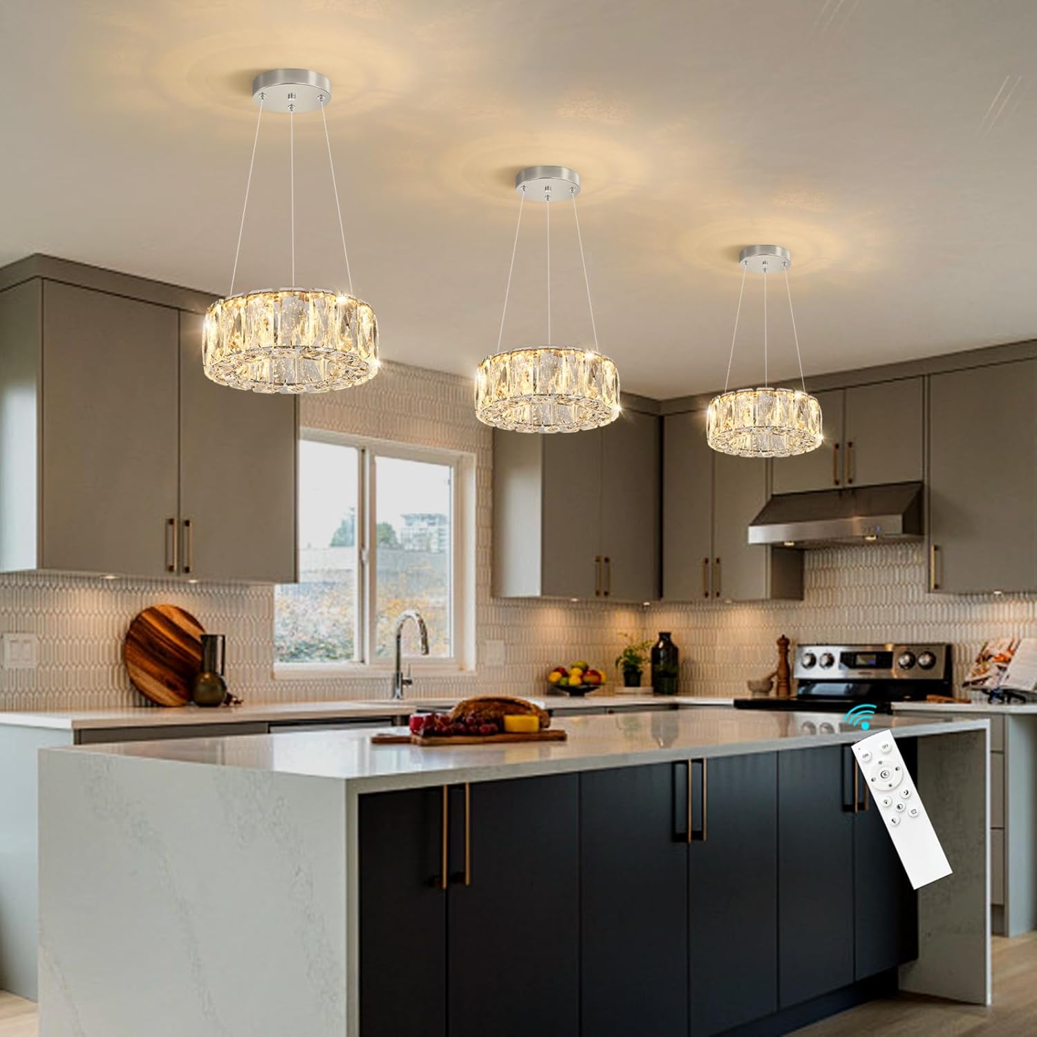 HAIXIANG Modern Crystal Chandelier Dimmable LED 8 Inch Ring Pendant Lights Adjustable Glam Chandeliers Lighting Fixtures for Dining Room Living Room Bedroom Silver Light