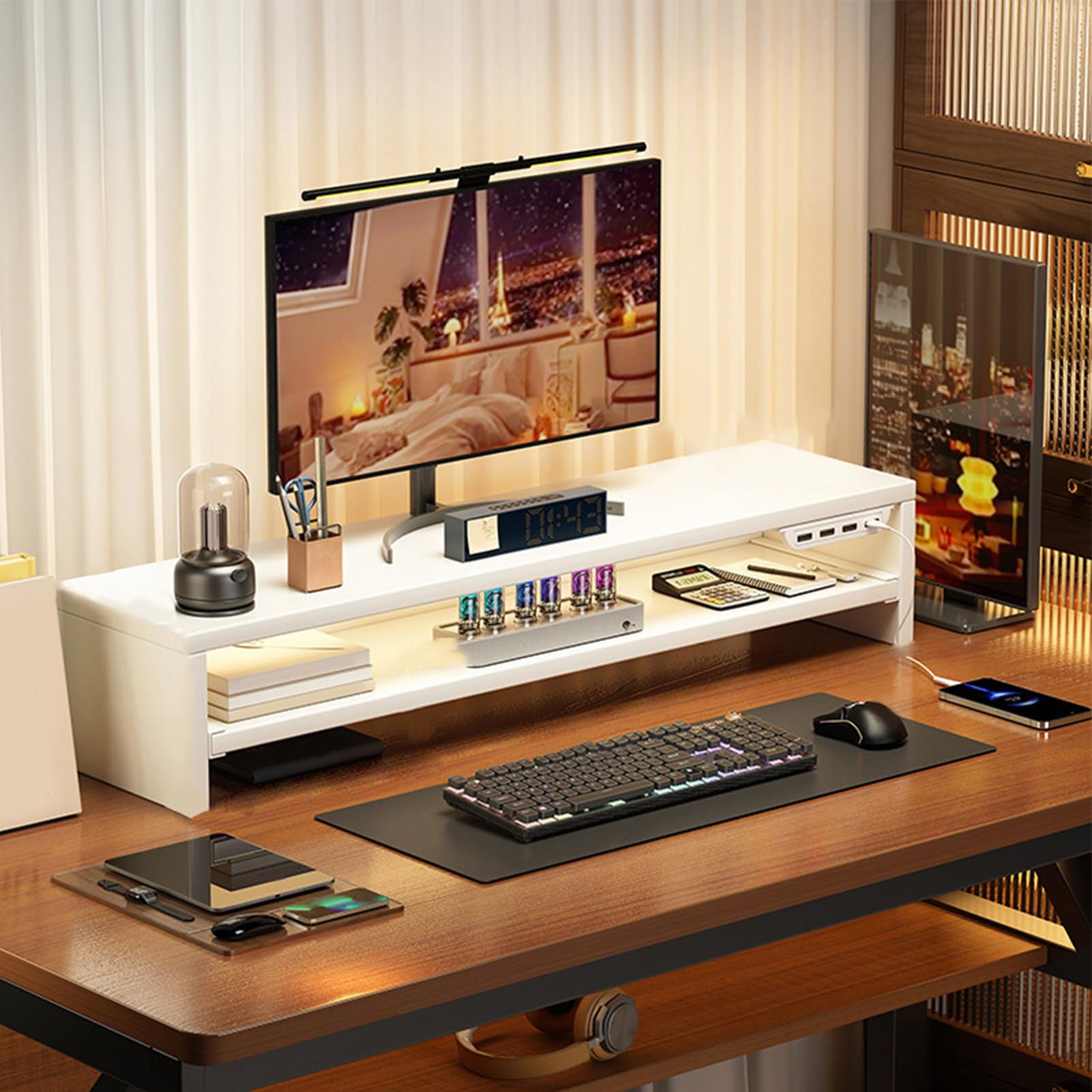 Supporto per display da tavolo con cassetto Prese CA e hub per porta USB Stazione di ricarica multifunzionale Supporto per laptop in legno Organizzatore per monitor per l'home (Bianca)