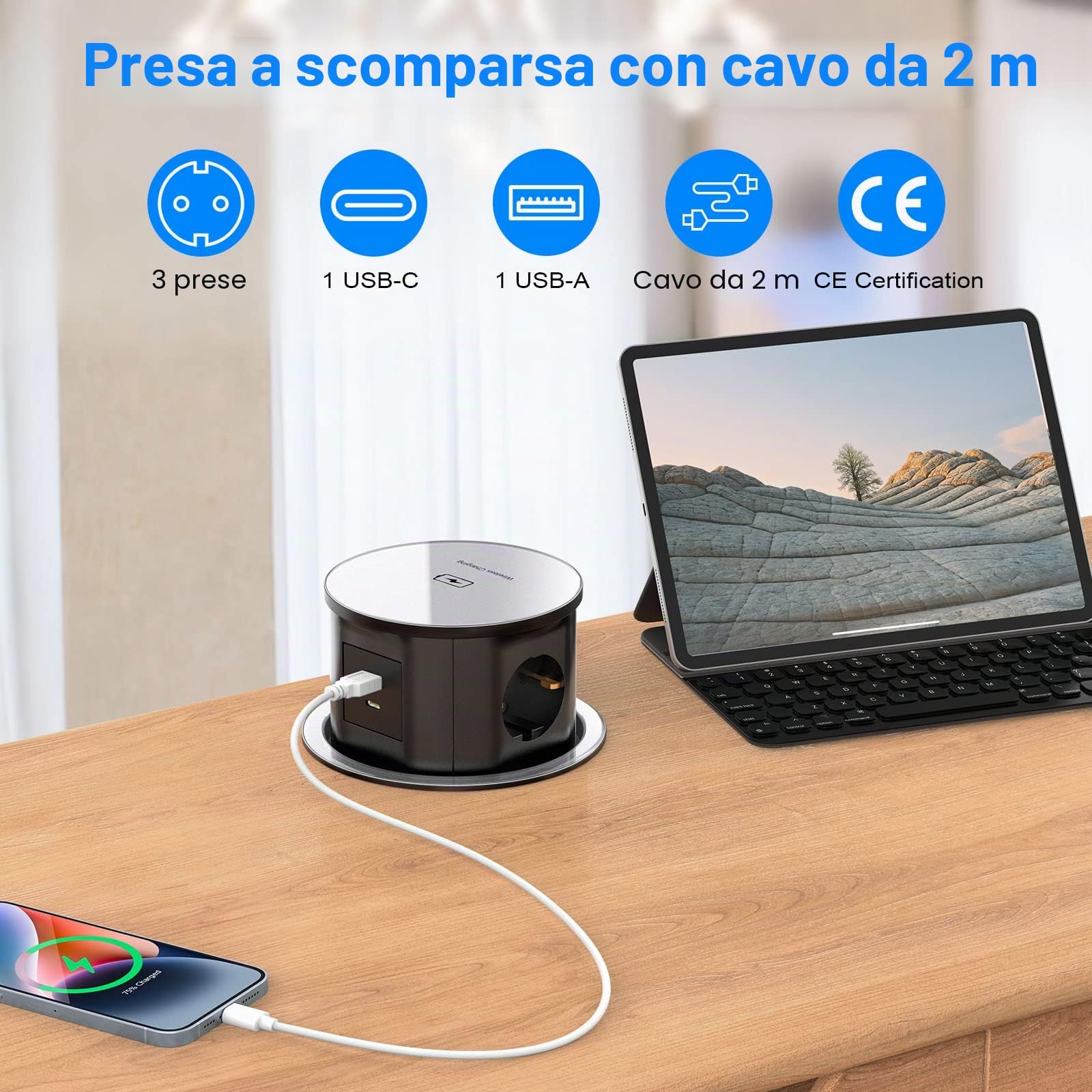 Ciabatta Multipresa 3 Prese USB C 20W, Ohuo Ciabatta con Ricarica wireless da 15W, Blocco Multipresa a Scomparsa con 3 Prese schuko EU e 2 porte USB, Cavo 2 m, Nero