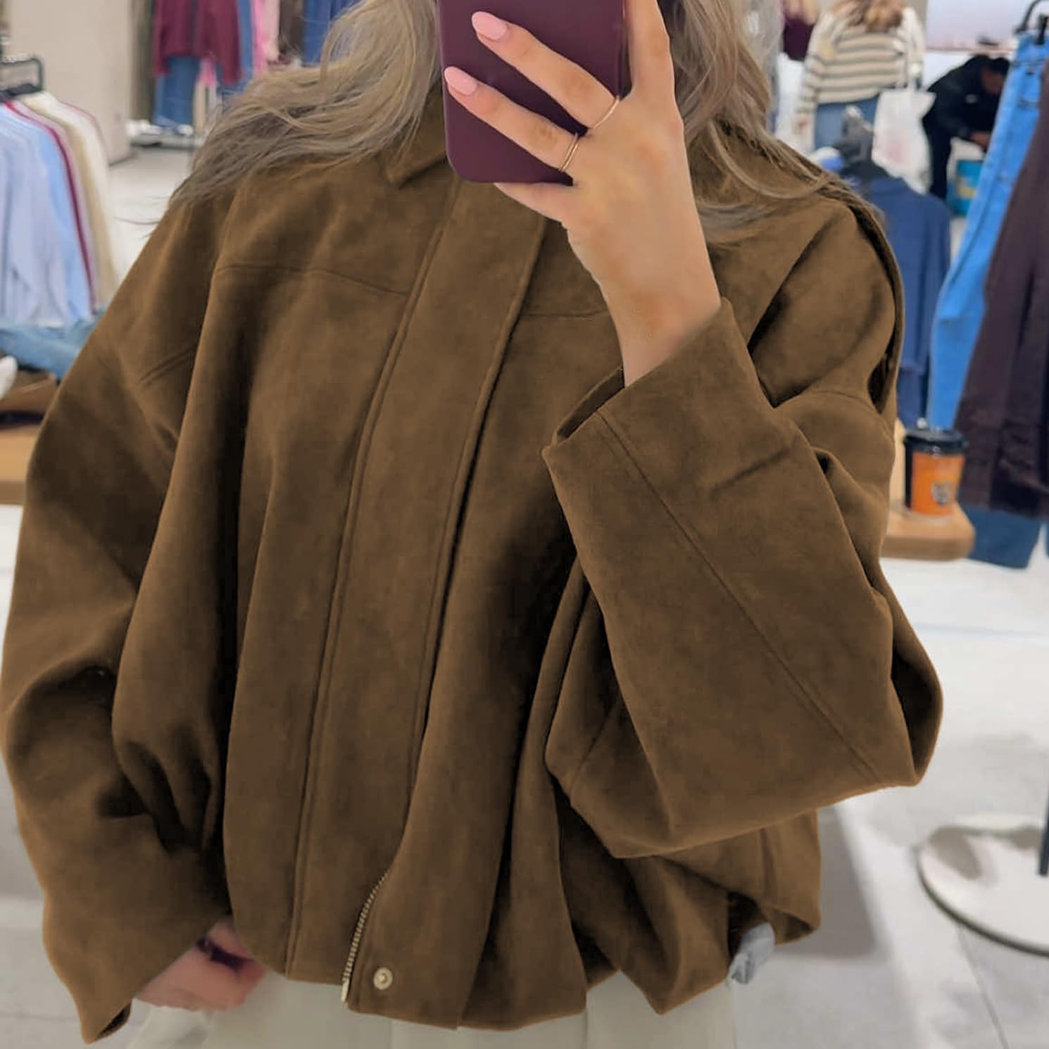 Womens Faux Suede Bomber Jacket Casual Lightweight Batwing Long Sleeve Oversized Coat Streetwear Outfits - Image 5