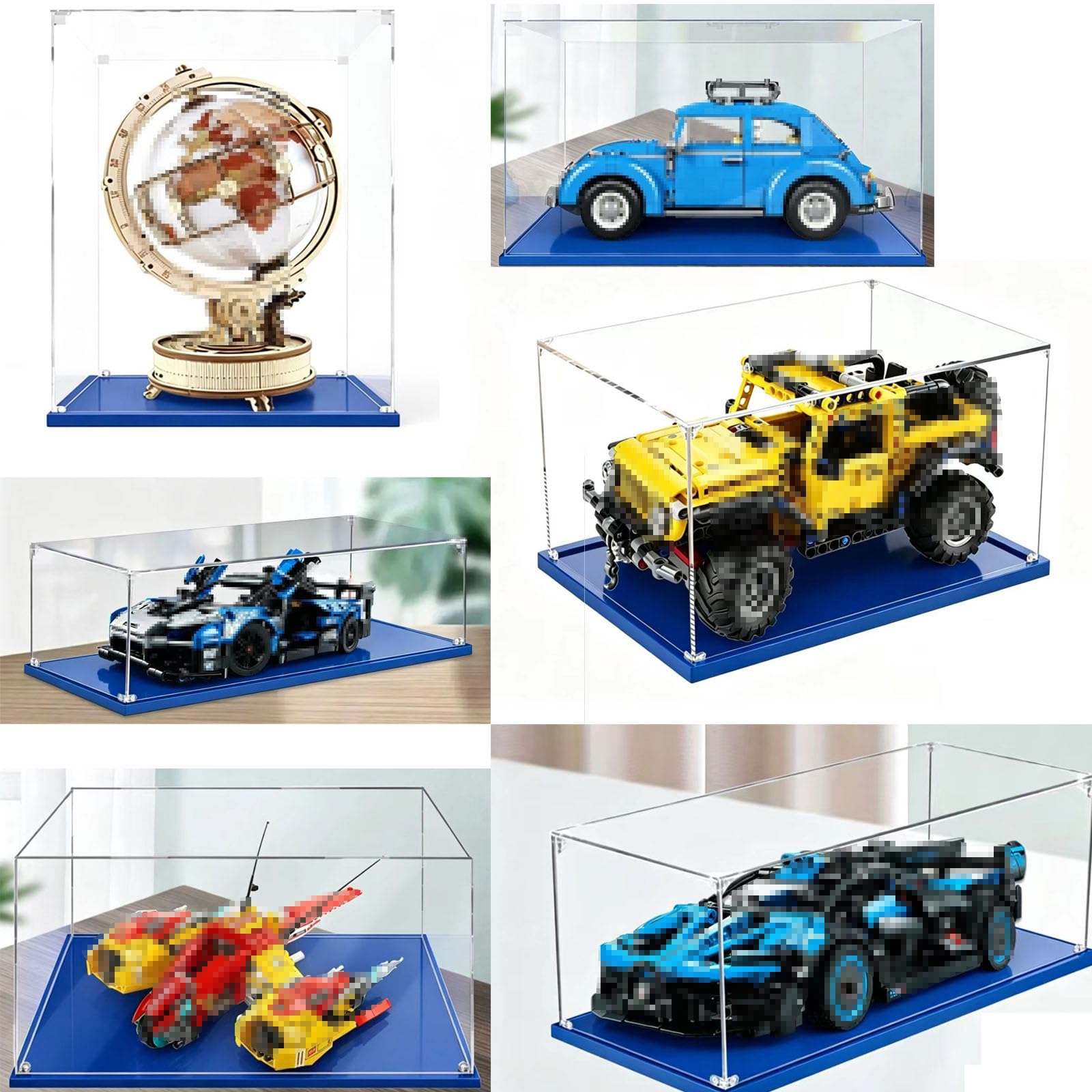 3mm Vitrina acrílica Transparente, Vitrina Expositora para Lego, Caja de Acrílico para el Hogar para Objetos de Colección，Caja de Acrílico con Base Azul para el Hogar (36x35x30CM)