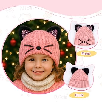 Kids Cat Ears Knitted Beanie Winter Hat Ski Cap for Girls 3-8 Years Old