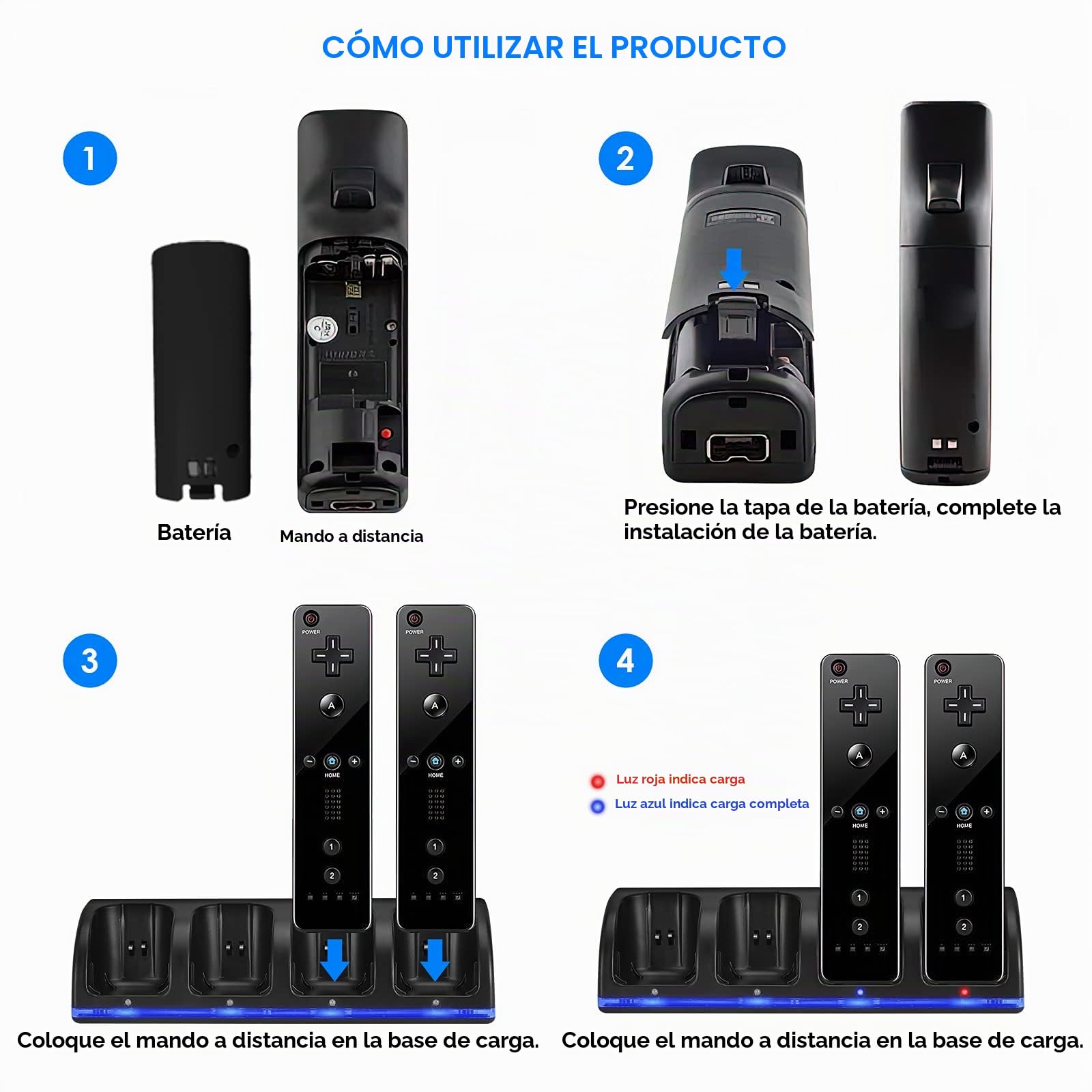 Estación de carga para controlador Wii, estación de carga 4 en 1 con 4 pilas recargables de 2800 mAh para control remoto de juego Wii/Wii U