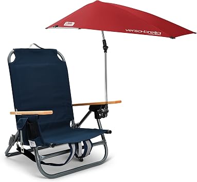 SportBrella Versa Brella Firebrick Red + Backpack Chair with Cup Holders|Arm Rest|Swivel for Beach,Camping,Lounge, Bundle Pack