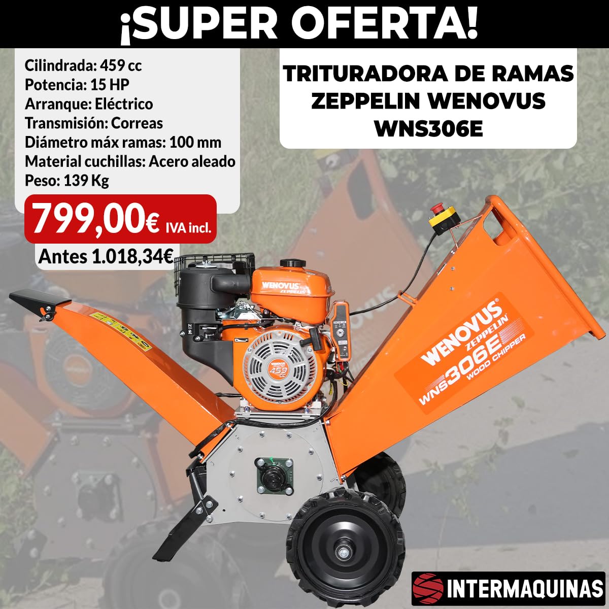 Trituradora de Ramas Zeppelin Wenovus WNS306E, Motor 459cc, 15 HP, Corte 100mm, Arranque Eléctrico