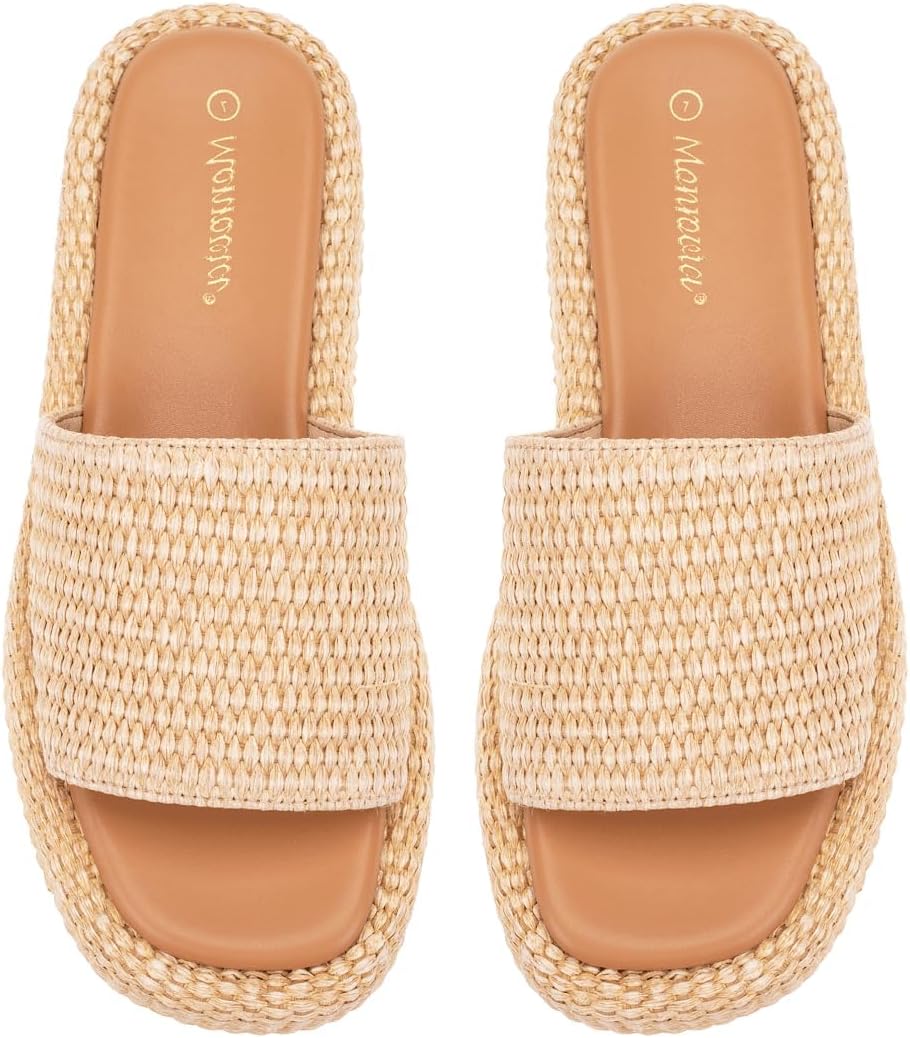 Monrovia Platform Sandals Women Raffia Espadrille Slides, Woven Straw Flatform Beach Sandals Women, Slip On Summer Vacation Shoes, Comfortable Casual Daily Wear - Image 5
