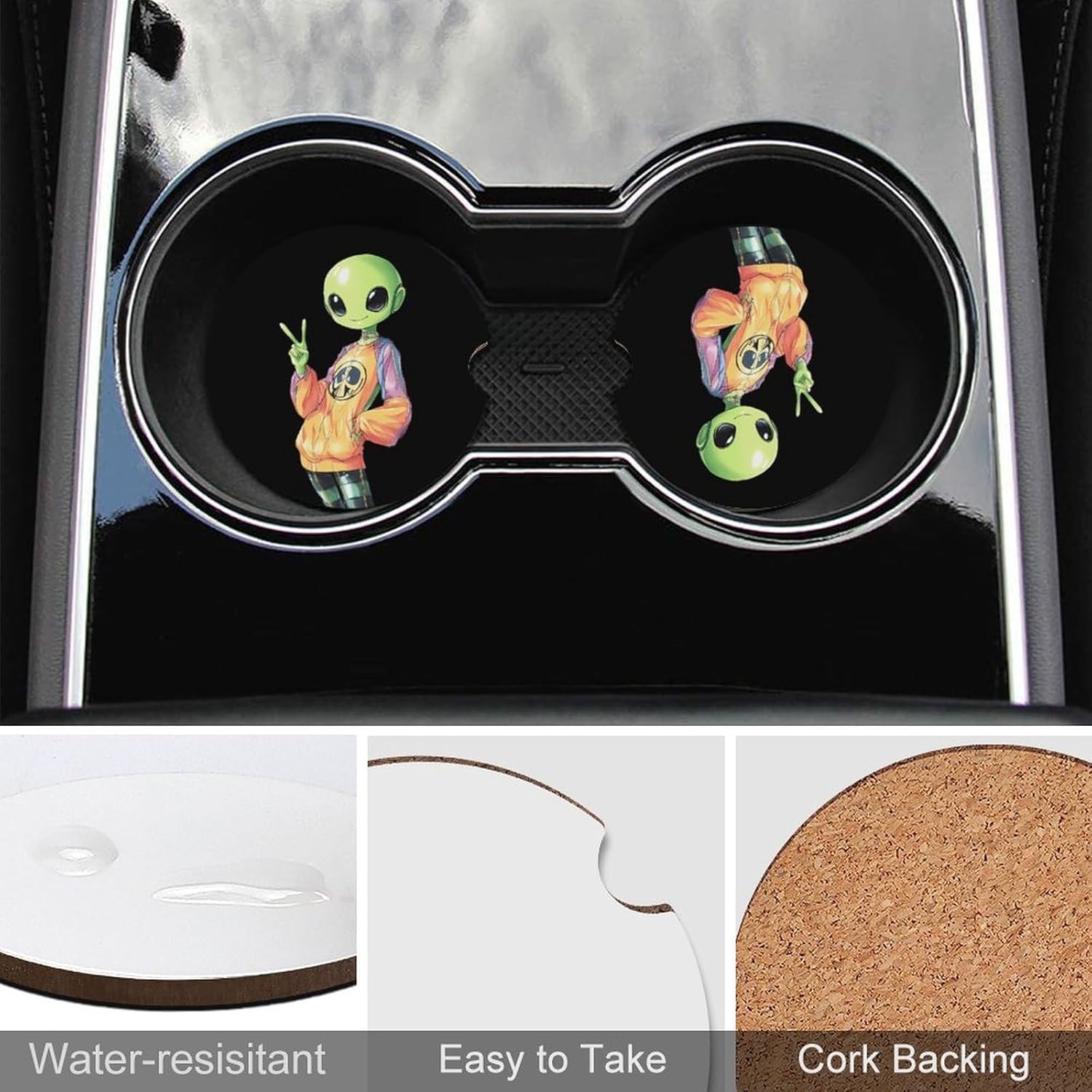 Aliens Peace Sign Cute Car Coasters 2.56 Inch Absorbent Cup Holder for Drinks Auto Interior Accessories