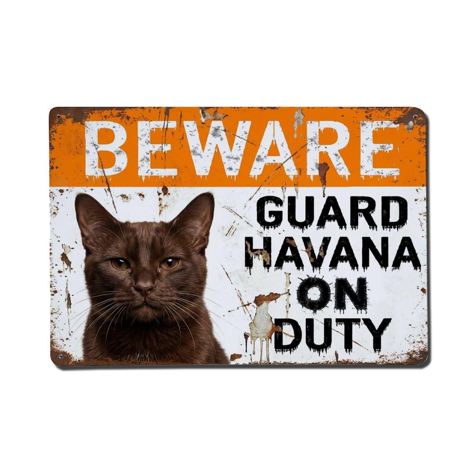 Vintage Funny Havana Brown Guard Beware of Cat Backyard Metal Tin Sign Plaque Wall Decor for Cafe, Club Bar, Office, Garden Metal Poster 8x12Inch