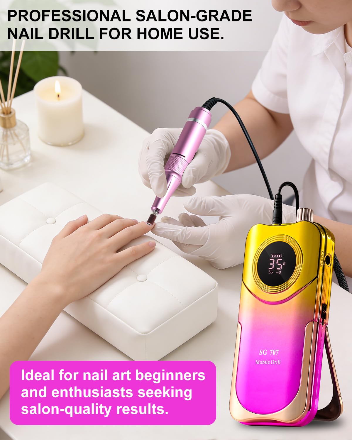 Kit de taladro de uñas profesional de 35000 RPM con clip, portátil, inalámbrico, recargable, velocidad ajustable con pantalla LCD y 14 puntas para manicura de gel acrílico, pedicura, adecuado para