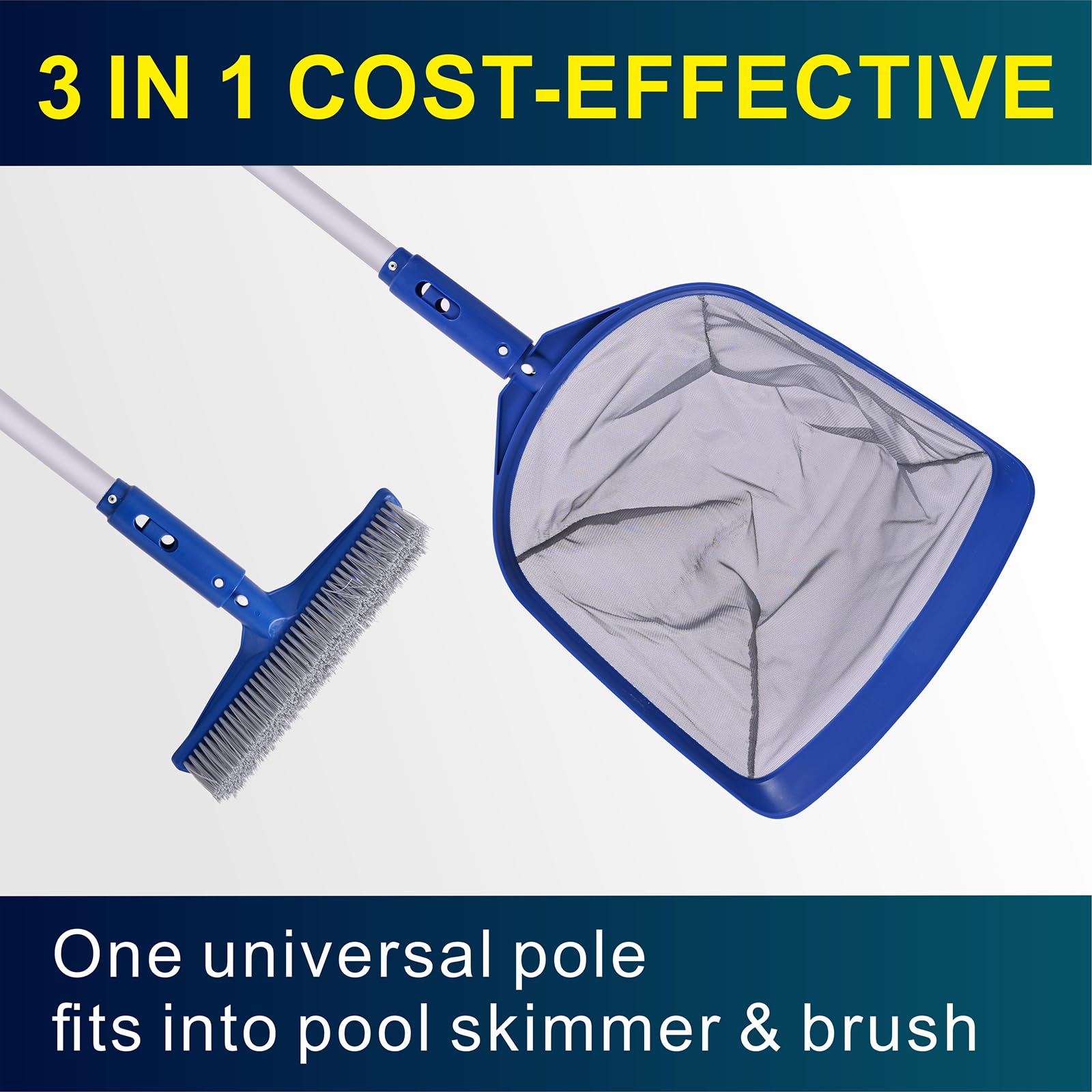 POOLAZA Rete per skimmer per piscina e testina per piscina con palo in alluminio da 127 cm, retino per piscina a maglia fine e robuste spazzole da 35,6 cm per la pulizia delle pareti della piscina,