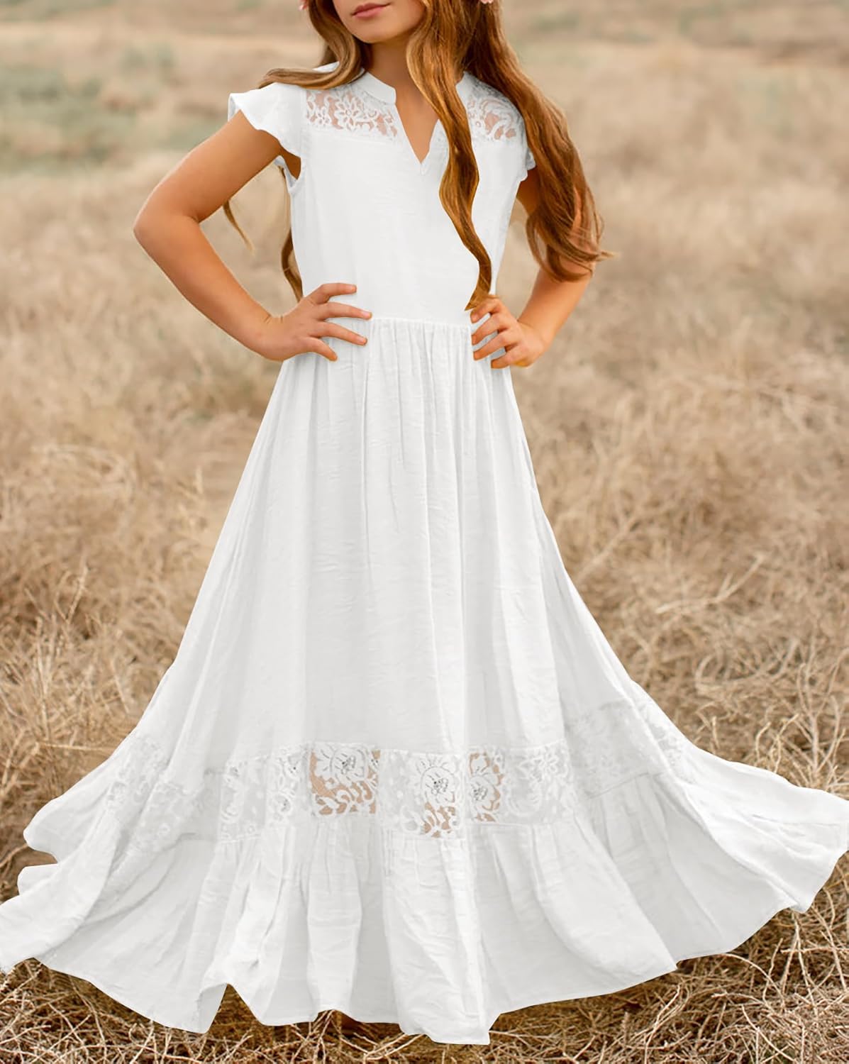 HOSIKA Girls Elegant Lace Ruffle Sleeve A-Line Formal Wedding Party Flower Girl Dress 6-12 Years - Image 6