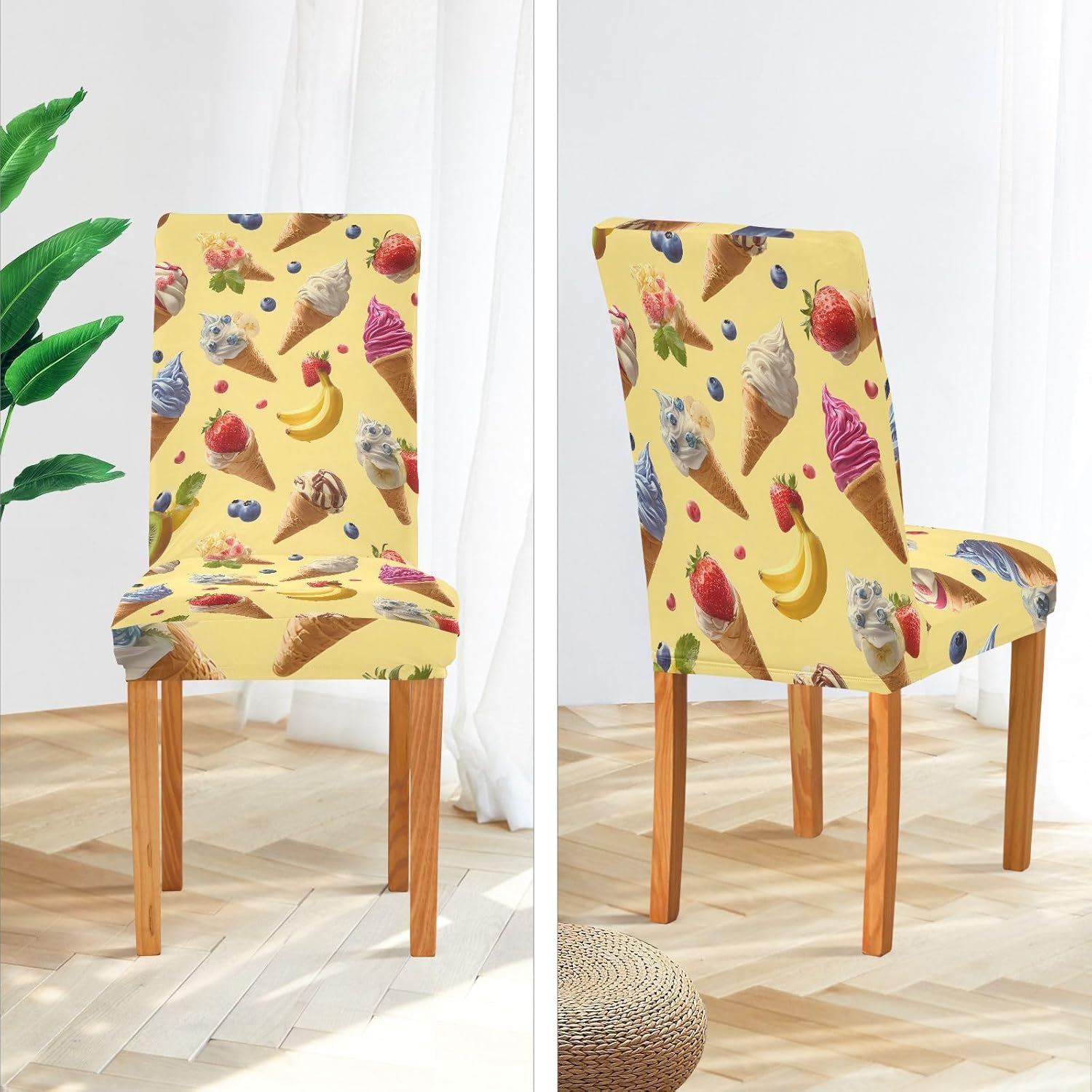 ALAZA Chair Covers for Dining Room, Ice Cream Banana Strawberry Pattern Stretch Chair Cover Sets Chair Protector Removable Washable for Ktichen Restaurant Hotel