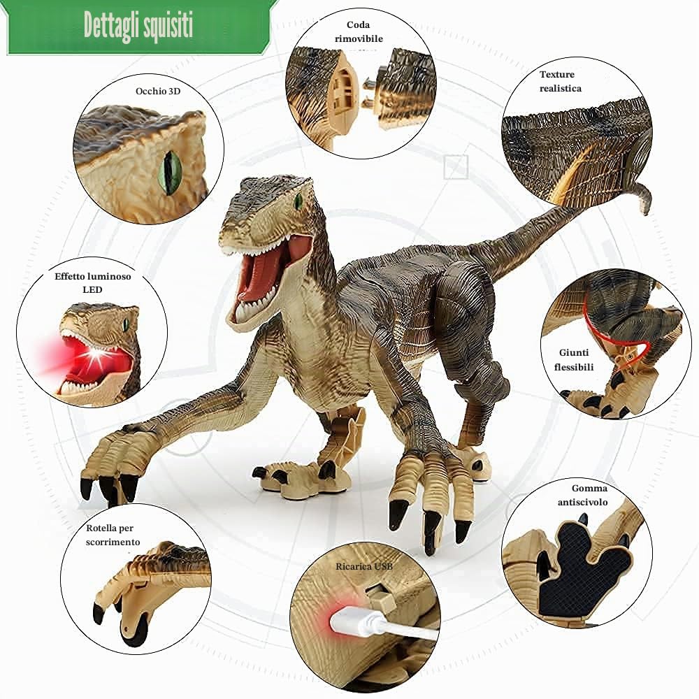 Mini Tudou Giocattoli Dinosauro Telecomandato, Elettronici Robot Giallo | Luce & Suoni, 2.4Ghz Velociraptor Giocattoli per Bambini 3 4 5 6 7 8 9 Anni