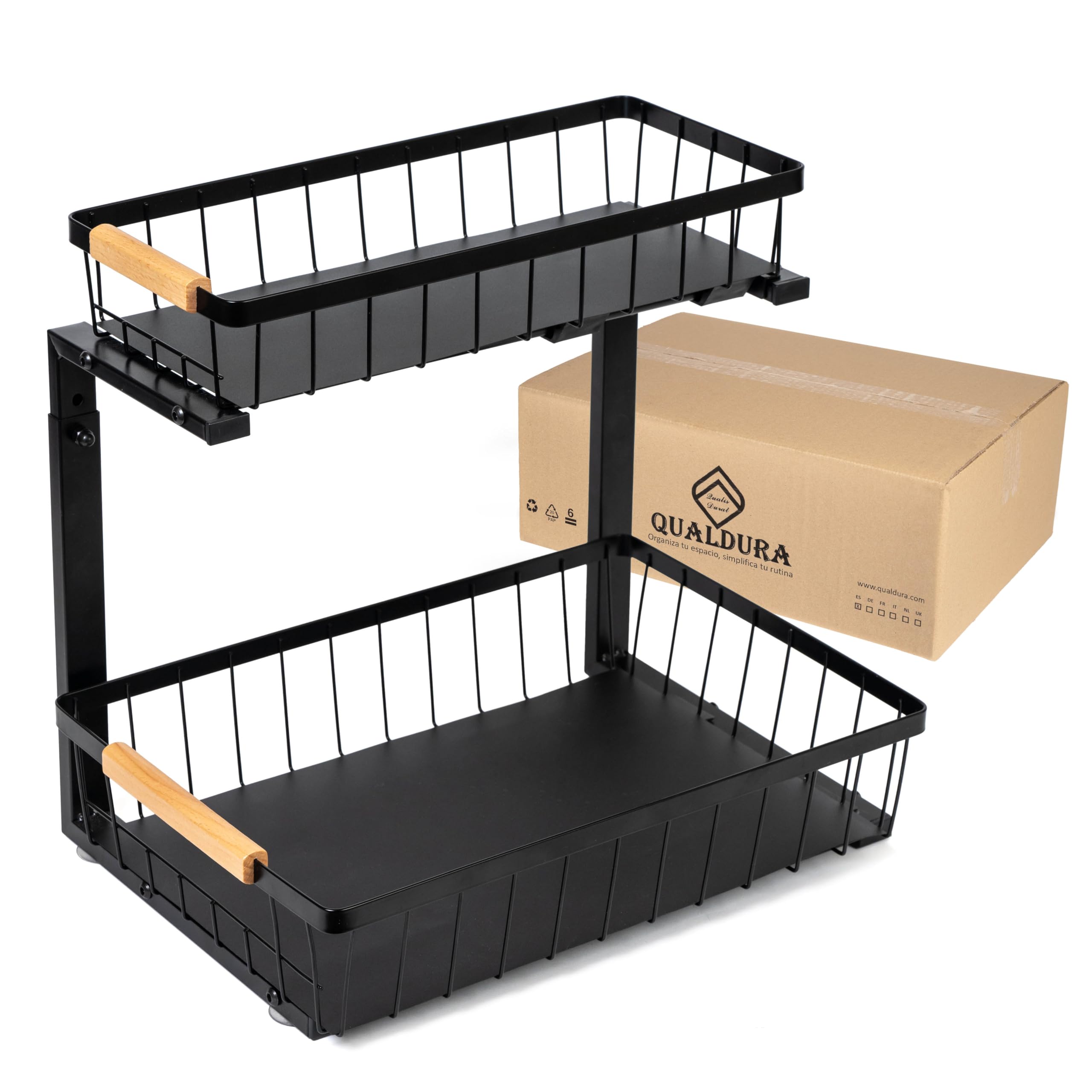 Organizador Bajo Fregadero Cocina y Baño, Estante Metálico con 2 Bandejas Extraíbles, Altura Ajustable y Sistema Antivuelco, Organizador para Productos de Limpieza y Ahorro de Espacio, Negro