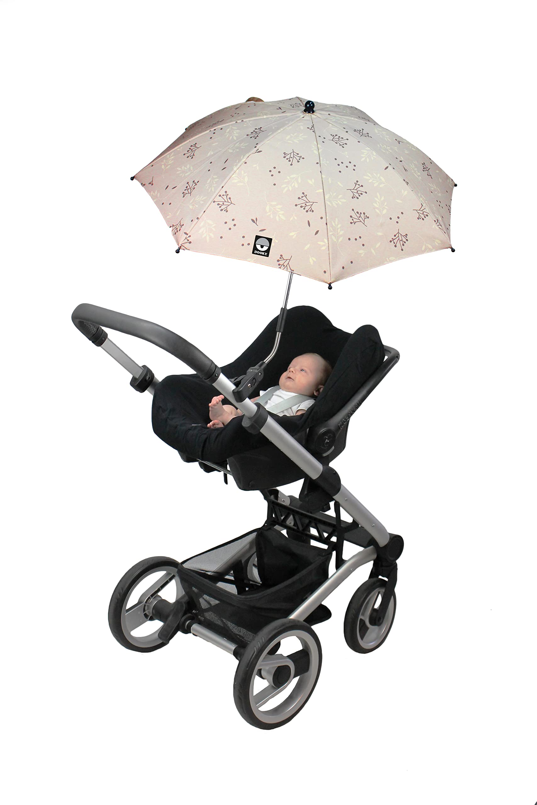 Dooky Ombrellone per carrozzina/passeggino/passeggino, protezione UV UPF 50+, flessibilità 180 gradi con tecnologia Duo Flex, antivento e impermeabile, 100% poliestere, portata 76 cm, beige foglie