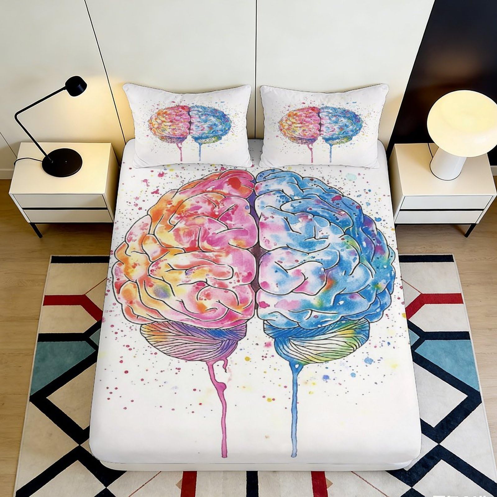 3D Printed Colorful Brain Fitted Sheet Microfiber Soft Durable Artistic Brain Pattern Mattress Cover for Bedroom Dormitory Guest Room Protection 120x200x25cm