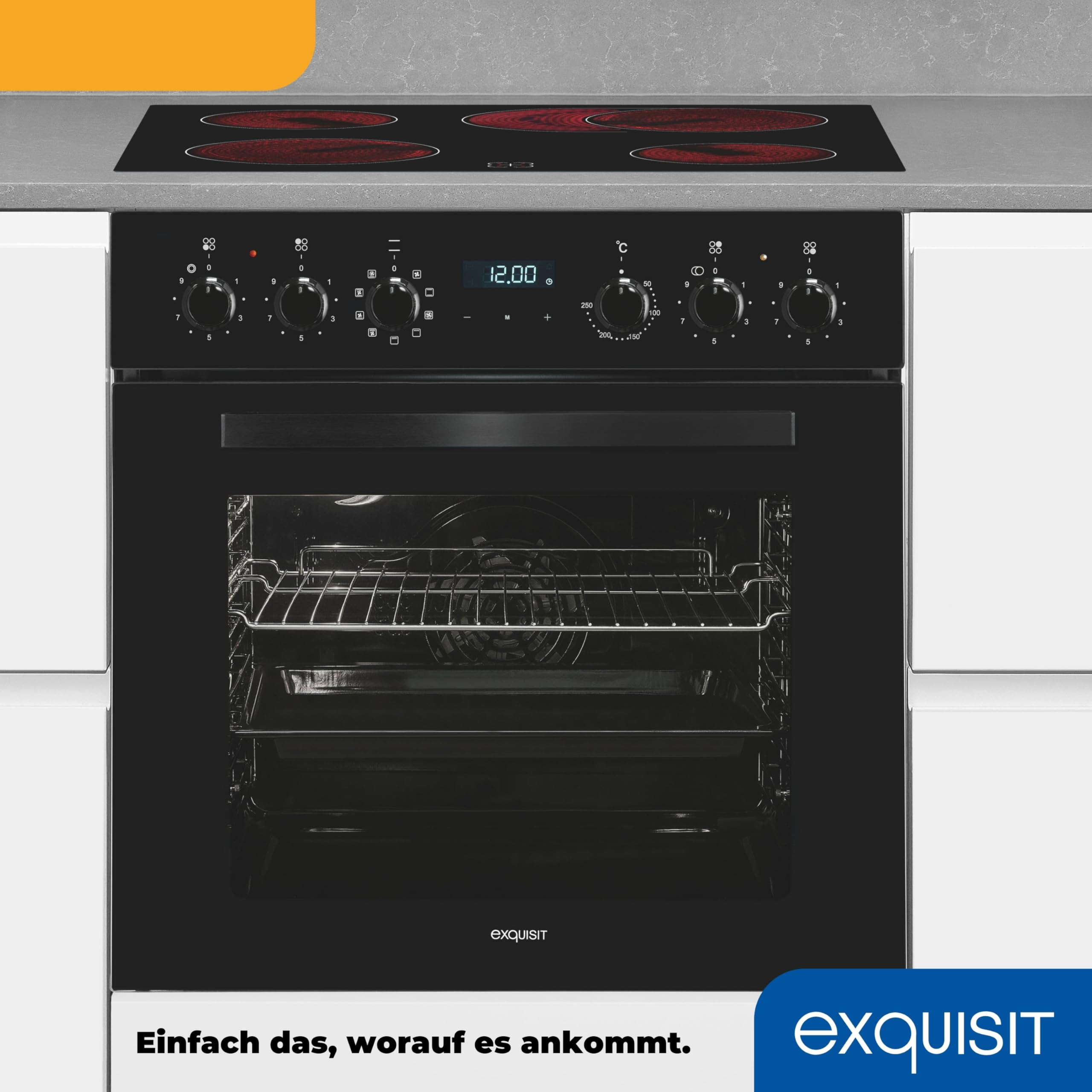 Exquisit Juego de cocina empotrable EHE285-HBZ-020 negro | 75 l de capacidad de cocción | 9 programas de horno | placa de cocción con marco | clase energética A