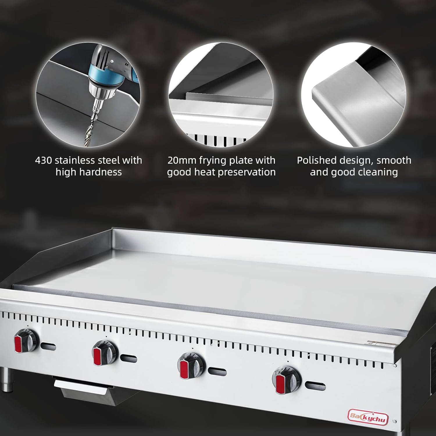 Commercial Gas Griddle - 48" Countertop Griddle. 120,000 BTU Flat Top Griddle, Natural Gas (NG) / Propane, CSA Certified Stainless Steel Teppanyaki Grill for Restaurants
