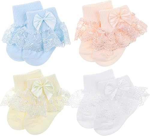 DRESHOW Calcetines de bebé para niñas con ojales y volantes de encaje, calcetines de vestir para recién nacidosbebésniños pequeñosniños para niña
