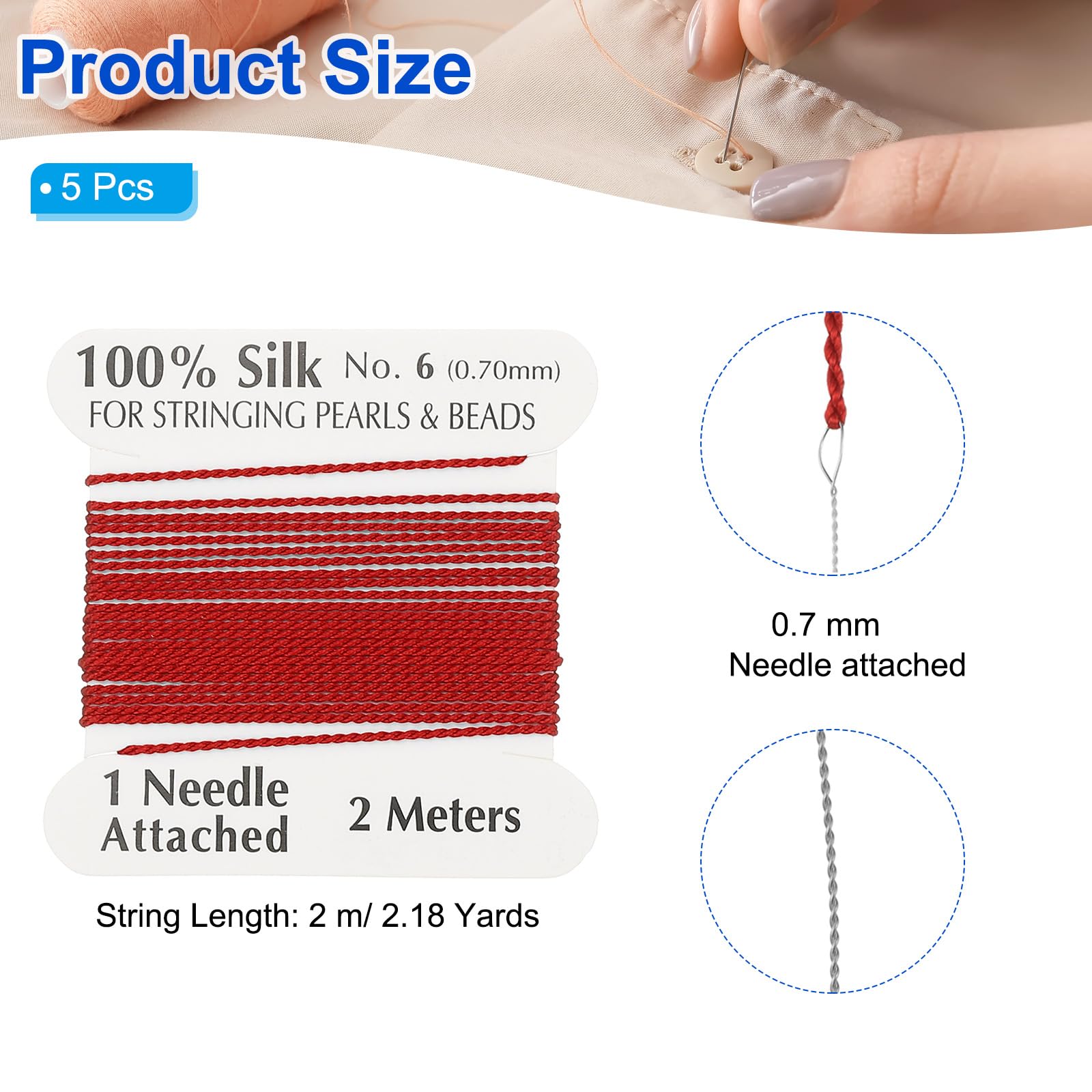 PATIKIL Silk Cord Thread, 5 Pcs Pure Silk Beading Thread Cord Size 0.7 mm with the Knotting Pearls Needle Attached, Red - Image 2