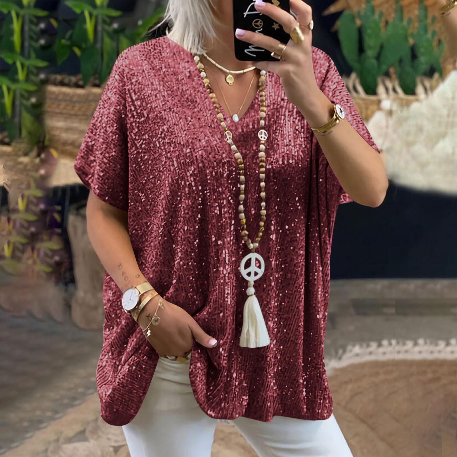 Top Donna Sexy Largo a Paillettes Scollo a V Profondo Maniche Corte Magliette Sparkly Curvy Manica a Campana Sequin Camicia Glitter Nera Capodanno Maglie Brillantini Sera Top Cerimonia Camicette