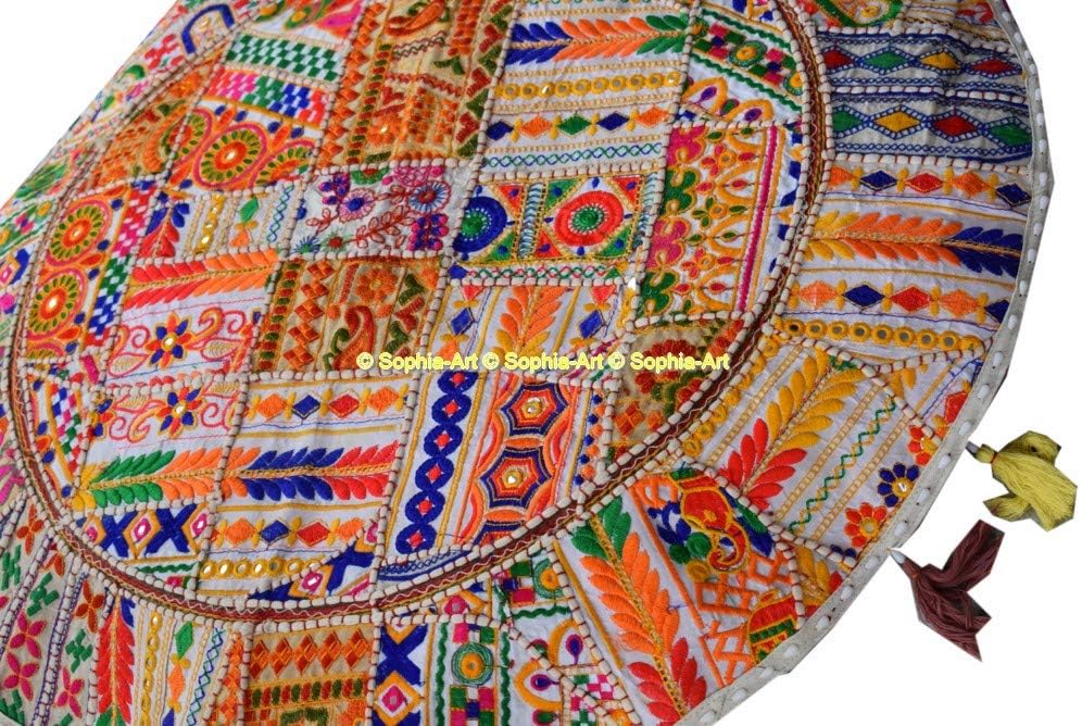 Sophia Art Round Floor Pillow Cushion Patchwork Pouf Ottoman Vintage Indian Foot Stool Bean Bag Floor Pillow Cover Home Decor Living Room Ottoman Bohemain Pillows (White Rajkoti, 32 Inch)