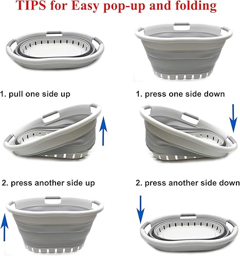 Miniatura 7 de SAMMART Juego de 2 cestas plegables de plástico con 3 asas de 36 litros (9.5 galones), para guardar ropa, organizador plegable (2, grisgris)