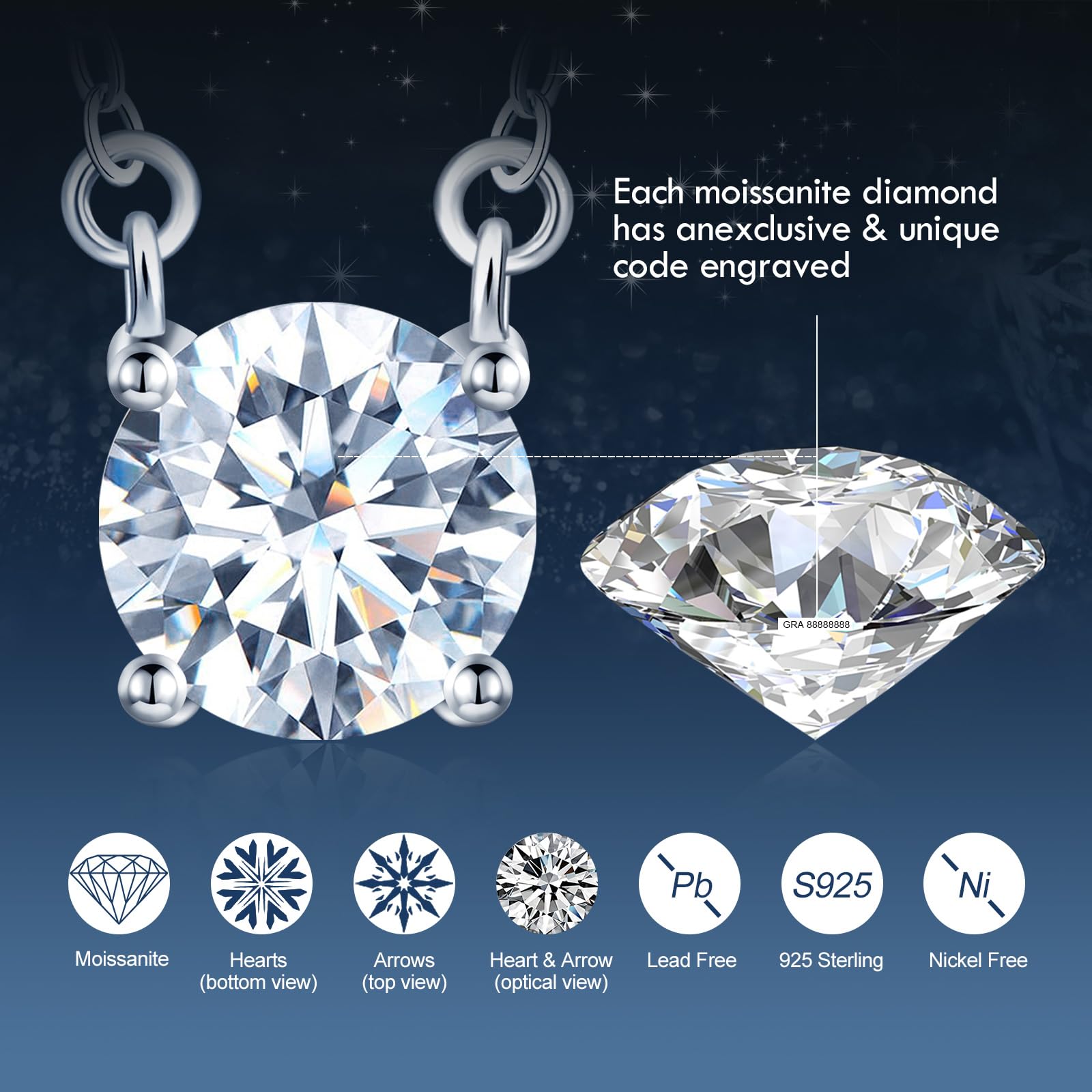 Damen Mädchen Solitär Diamant Halskette mit Vier Klauen 2 Karat Moissanit 925 Silber Ketten Anhänger D Farbe VVS1 Perfekt Geschliffene 8mm Diamant GRA Zertifikat Hochzeitsschmuck