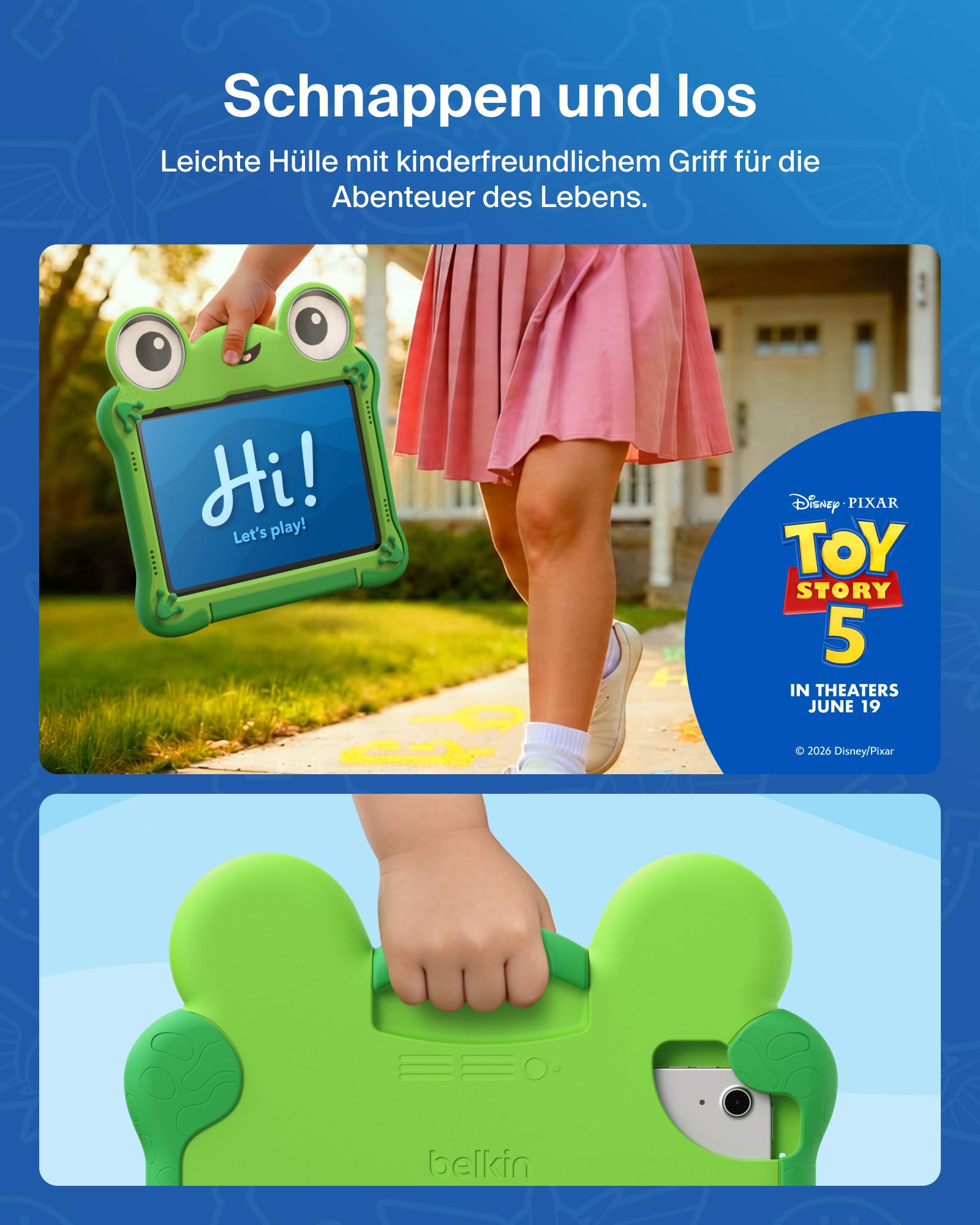 Belkin Disney und Pixar iPad A16 Hülle inspiriert von Lilypad aus Toy Story 5 (11. Generation 2025, 11" / 10. Generation 2022, 10,9"), Stoßfest, Robust, Ungiftig, Tablethülle mit Ständer und Griff